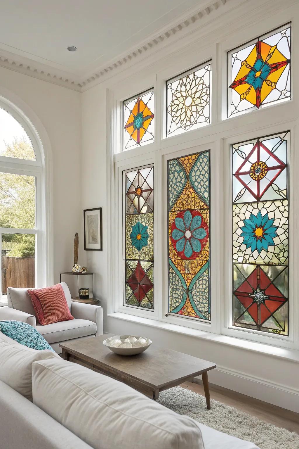 Geometric clings create a faux stained glass look.