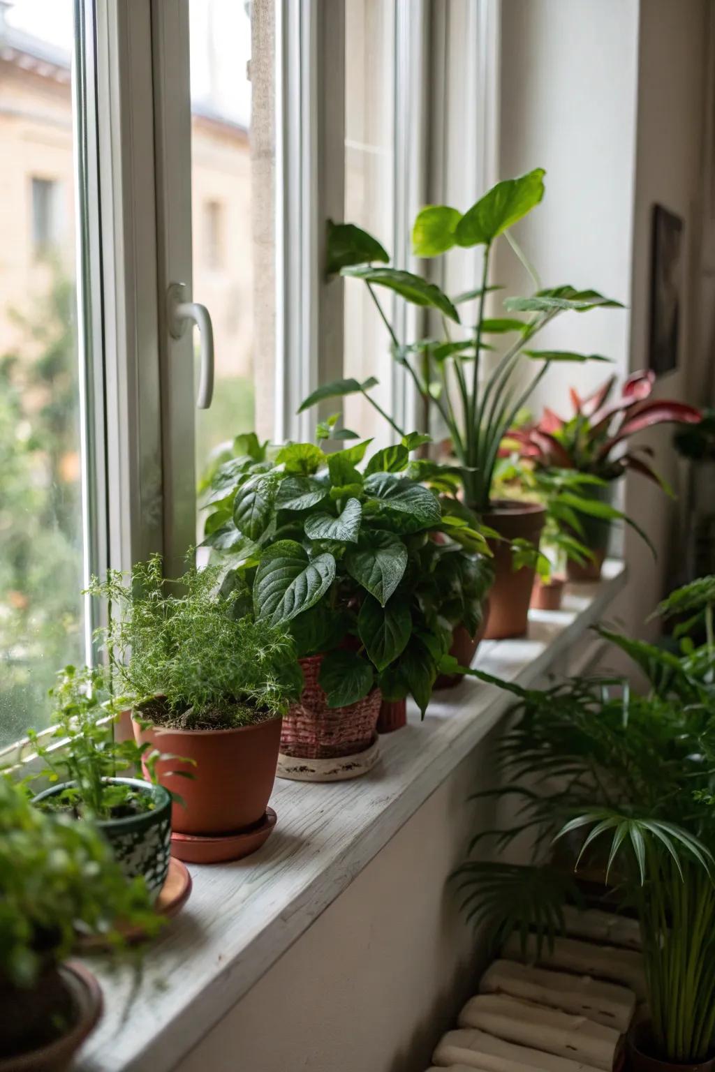 Potted plants on a windowsill create a natural and inviting atmosphere.
