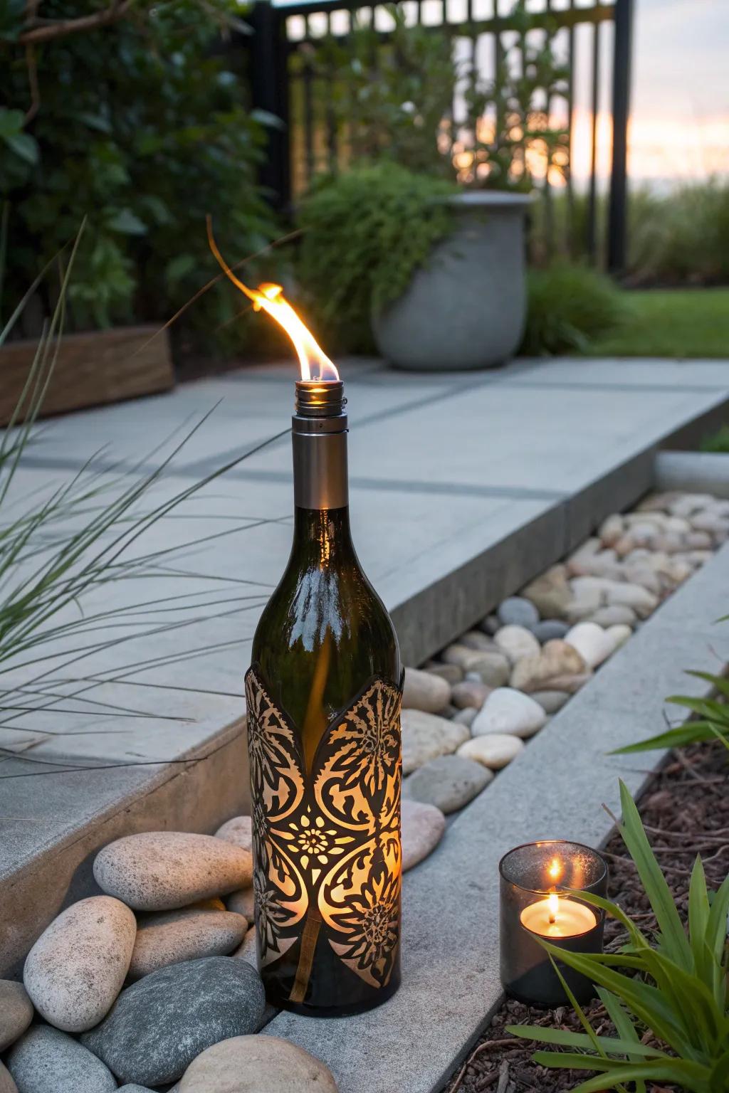 Illuminate your garden gatherings with the elegance of a tiki torch wine bottle.