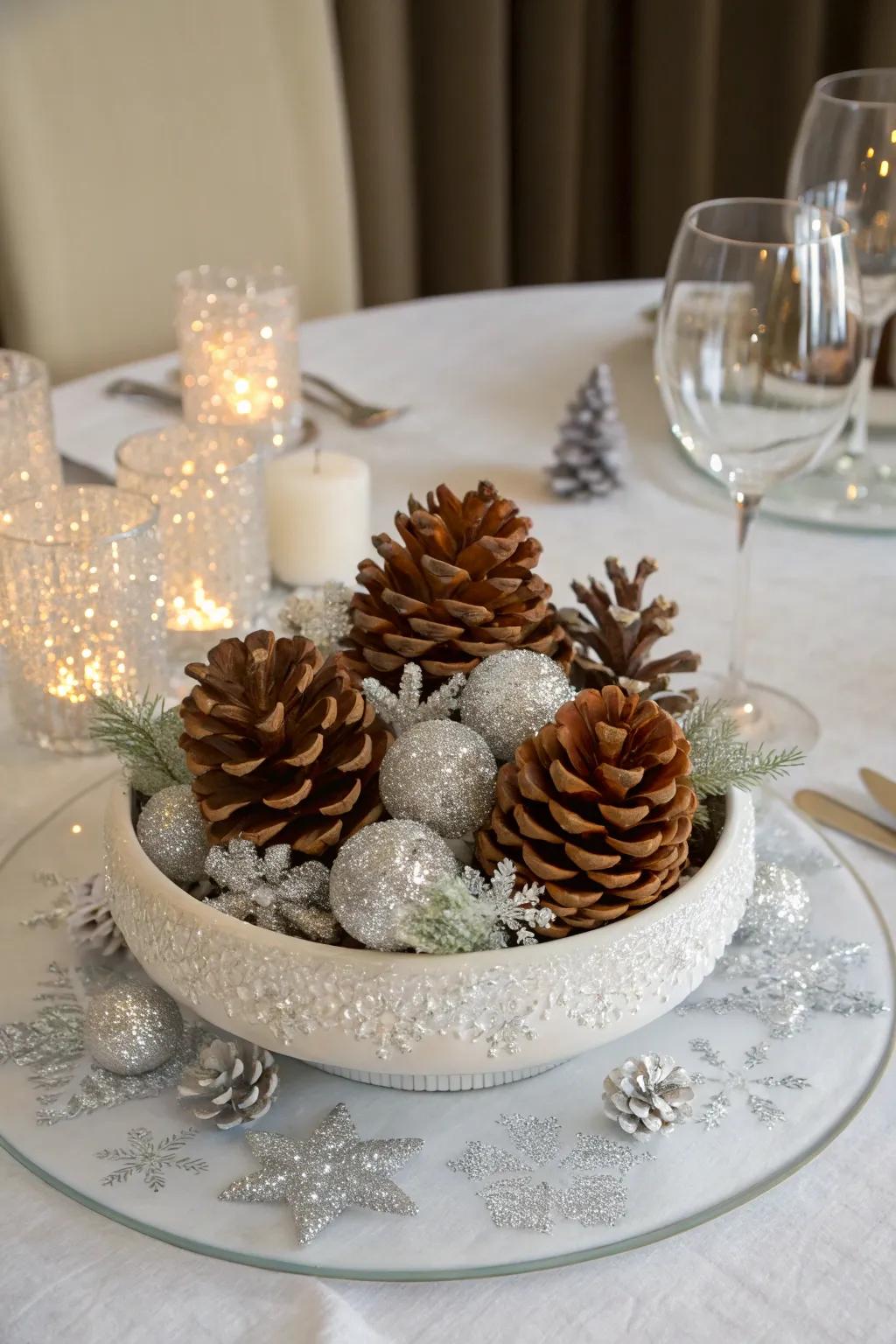 Craft elegant centerpieces with glittered pinecones.