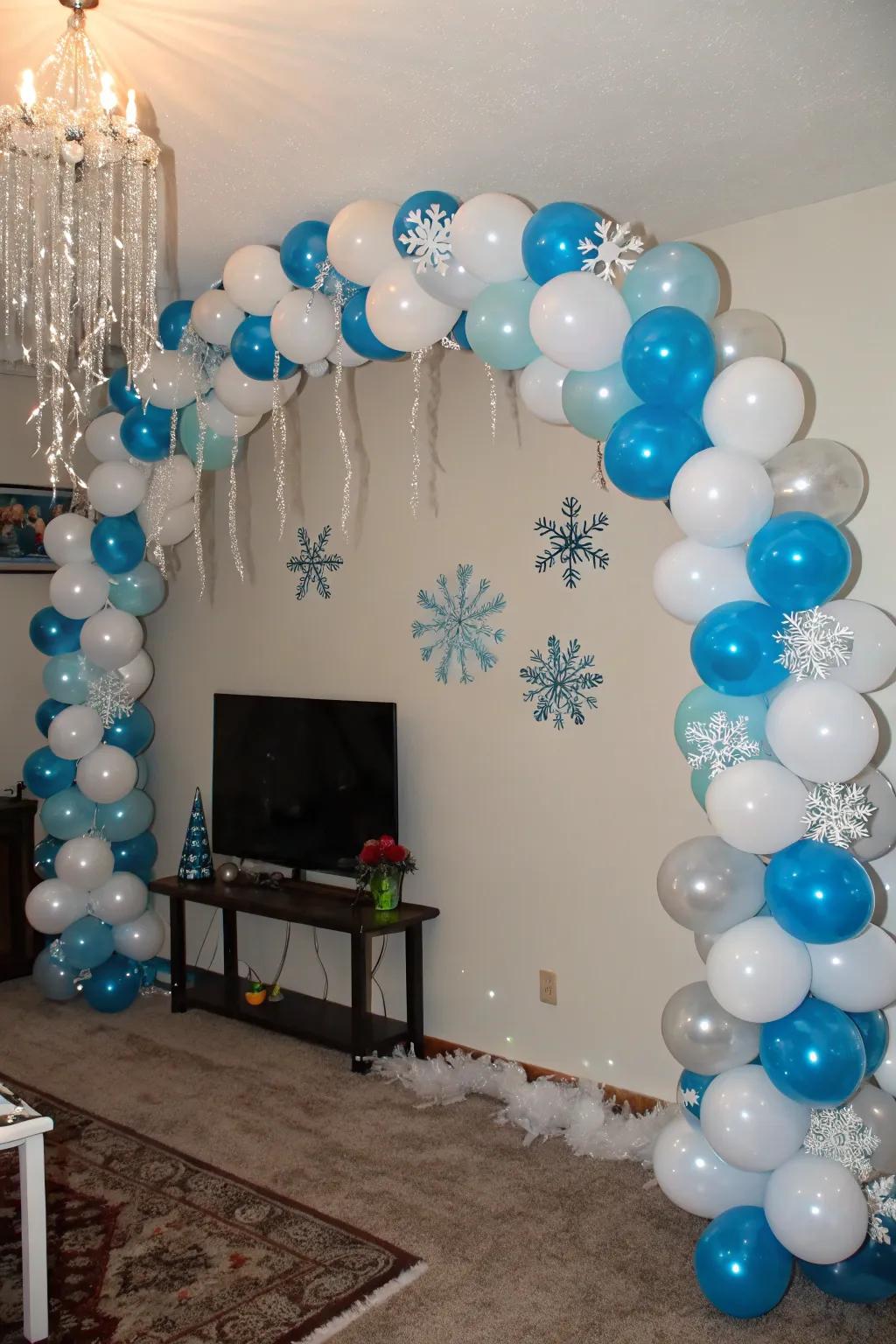 Add a playful touch to your decor with winter-themed balloon arrangements.