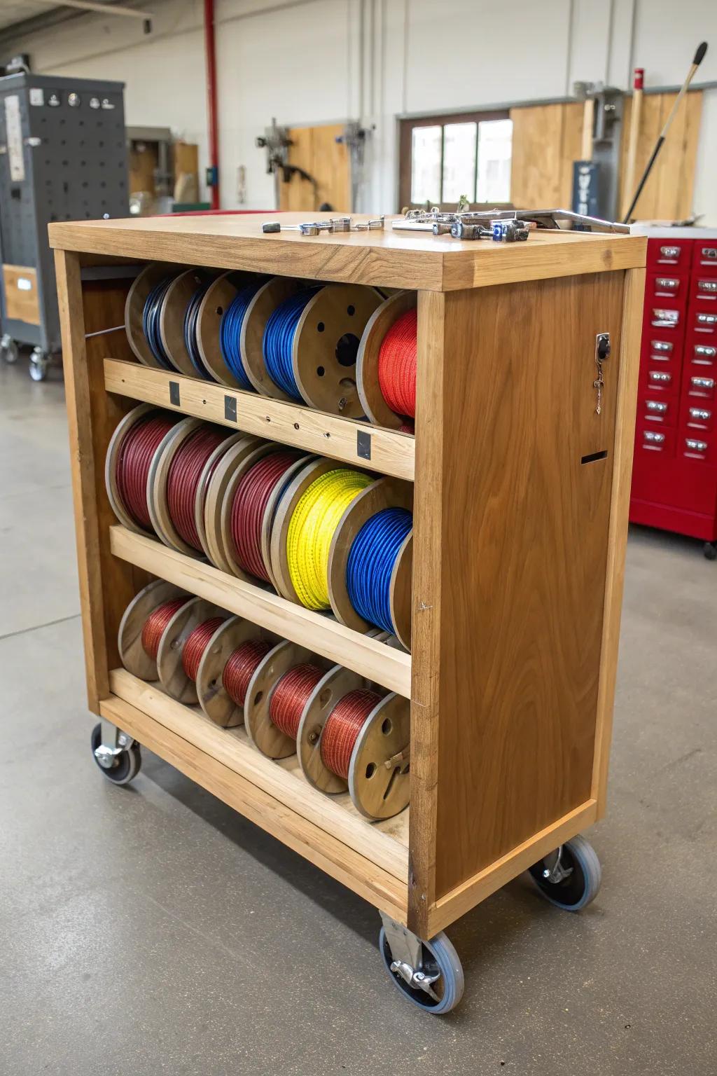 Effortlessly stylish and functional: A craftsman's dream mobile storage cart for your wire spools.