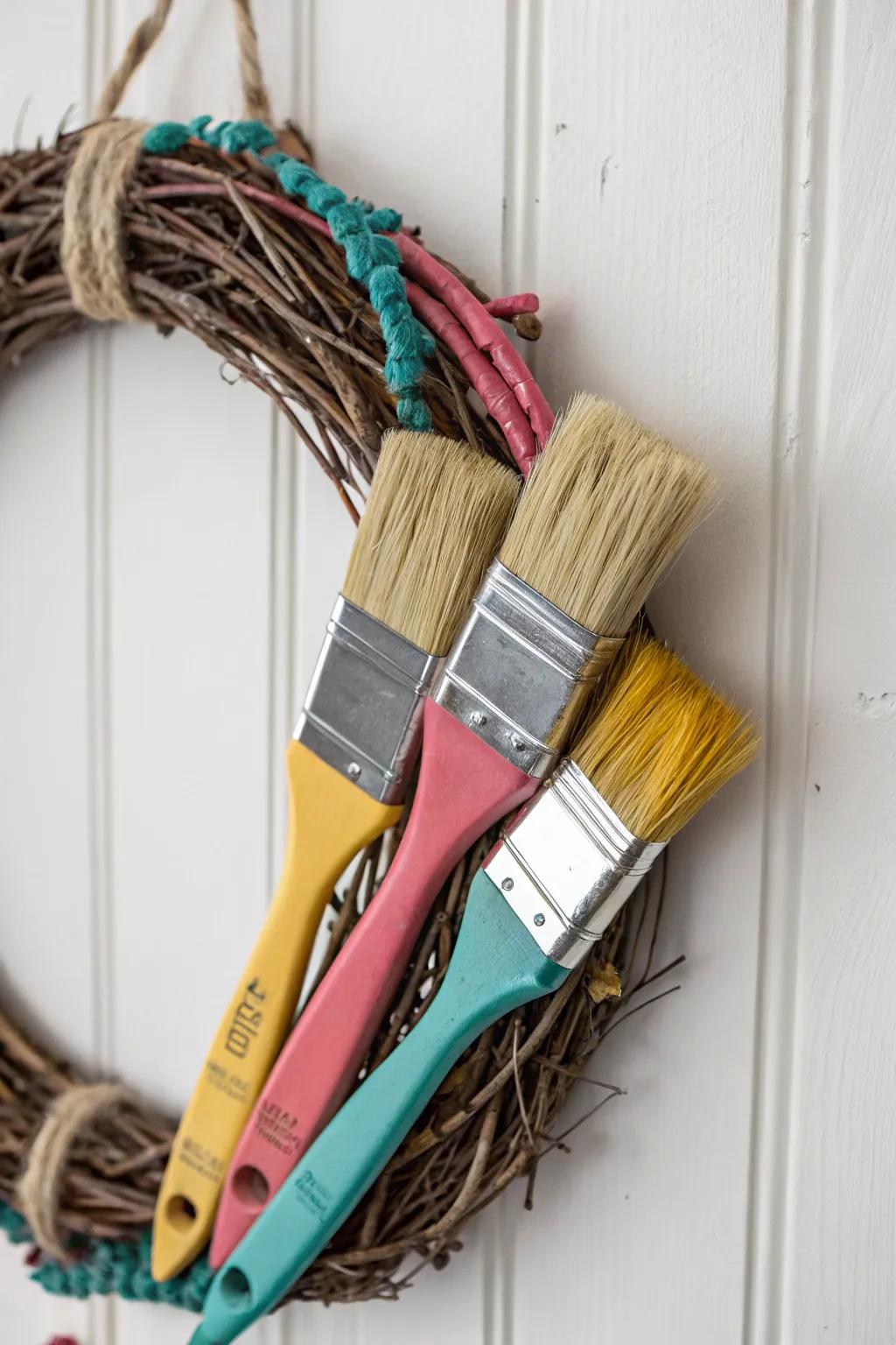 Turn your craft room into a haven of creativity with this charming paintbrush wreath, blending minimalist elegance with bold, artistic flair.