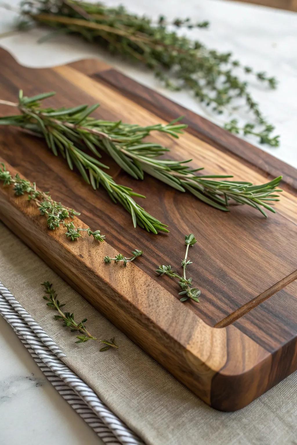Elevate your charcuterie experience with a handcrafted wood board enriched by fresh herbs. Perfect for those who value quality and style.