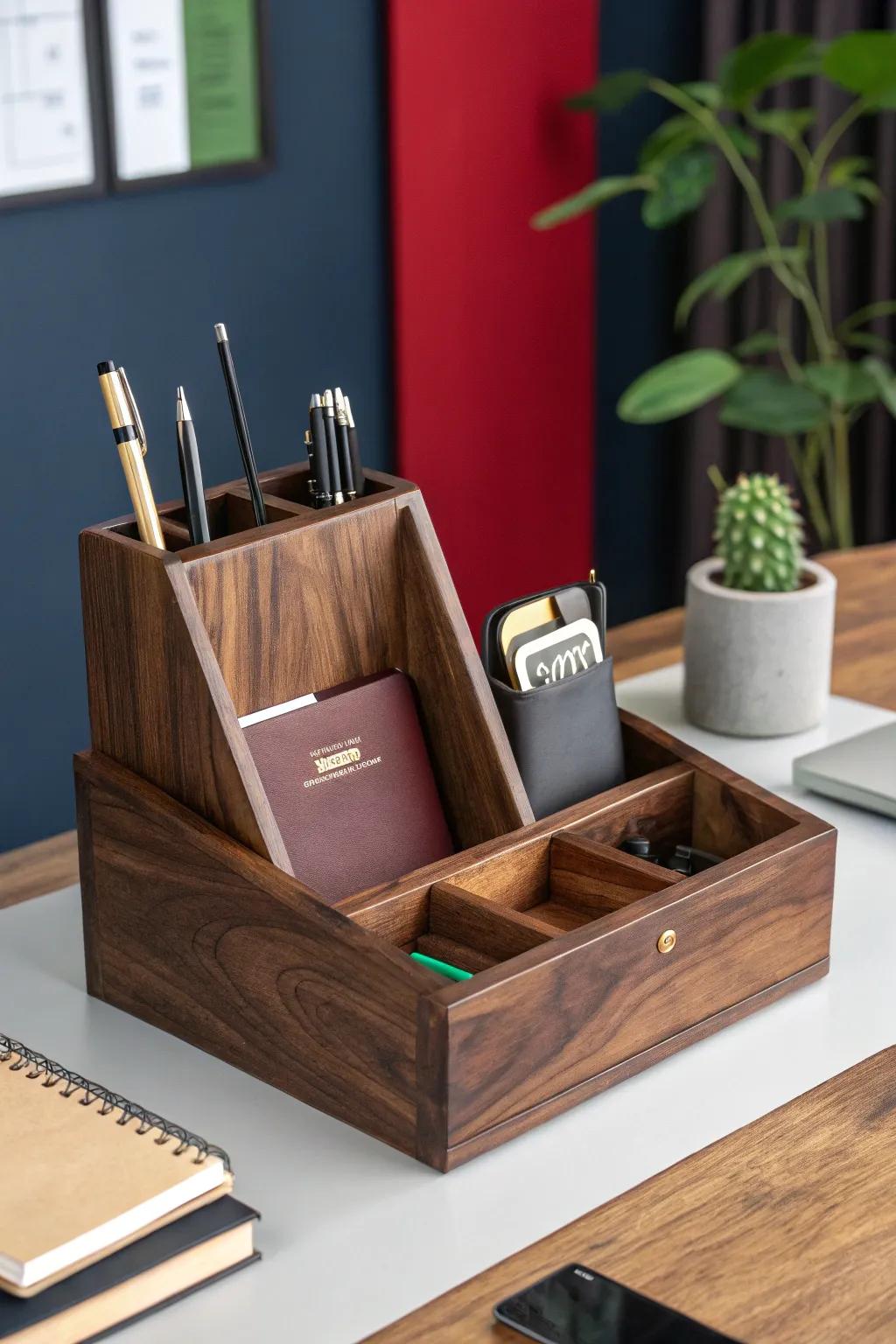 Elevate your workspace with a handcrafted wooden organizer that combines functionality with timeless style.