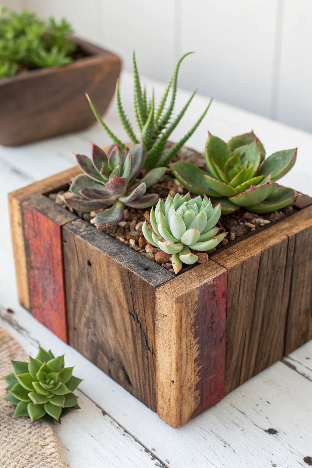 Elevate your greenery with a rustic, handcrafted plant holder made from reclaimed wood.