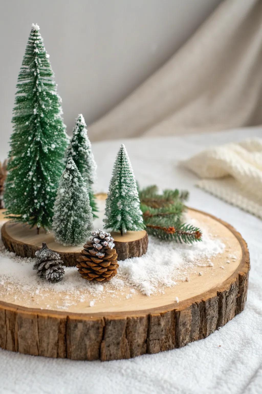 Transform your space with this enchanting miniature winter wonderland on a wood slice — a perfect blend of simplicity and charm.