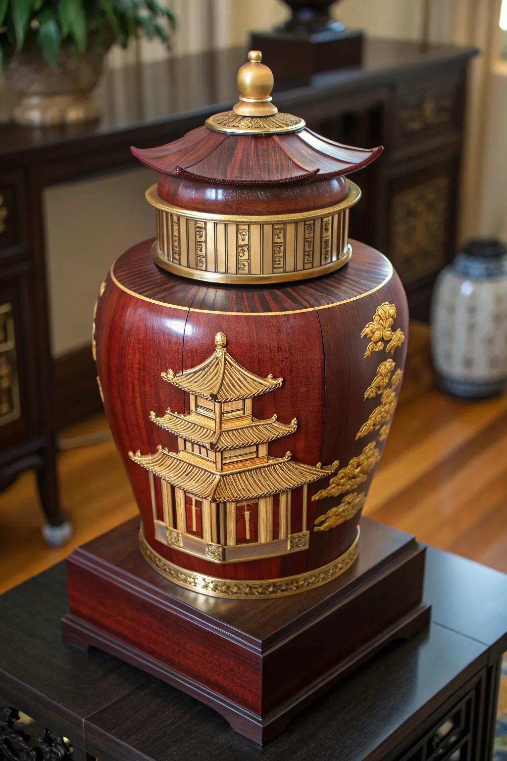 Honoring legacy with craftsmanship: An exquisite pagoda-inspired wooden urn.