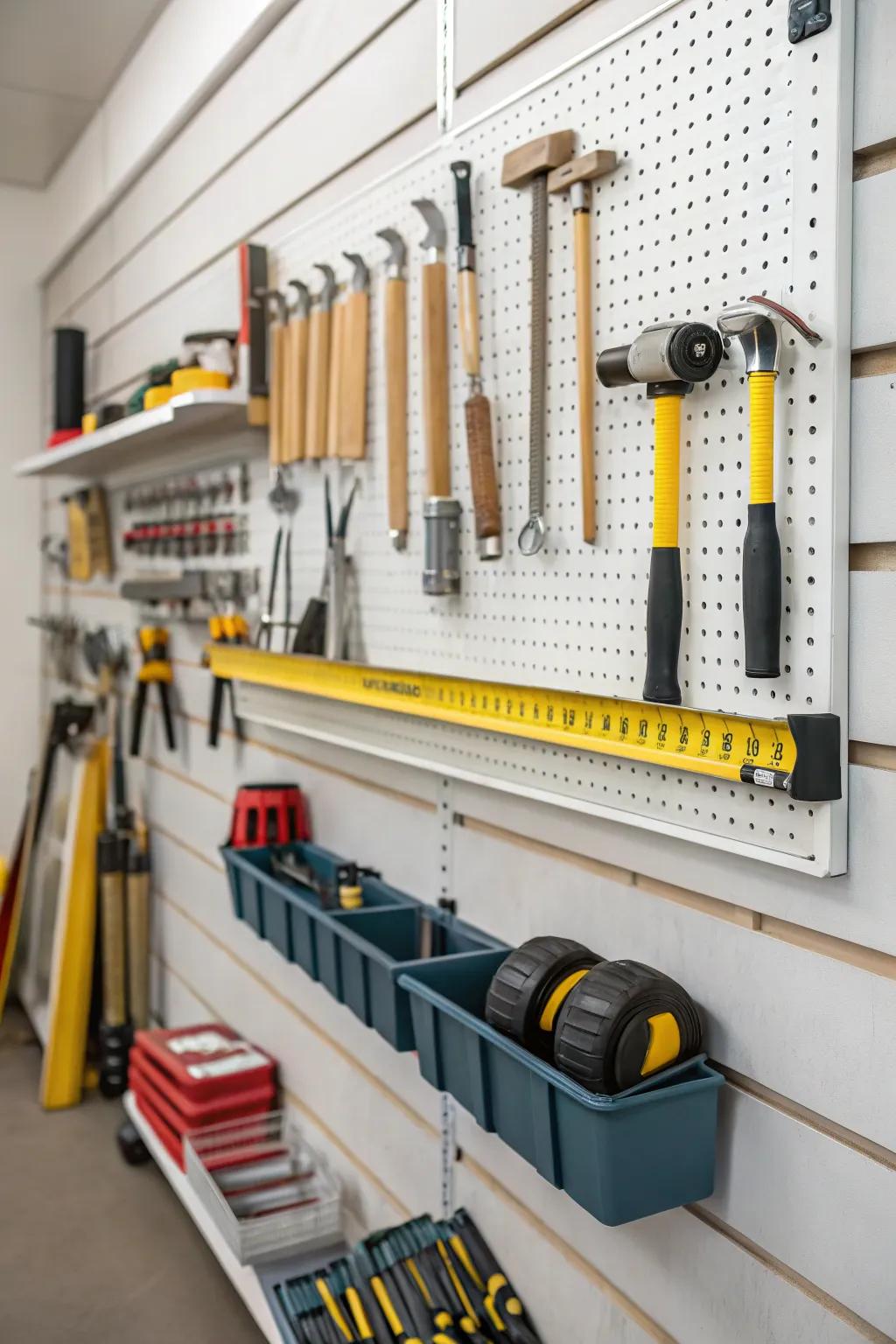 Slatwall systems offer versatile storage options for dynamic workshops.