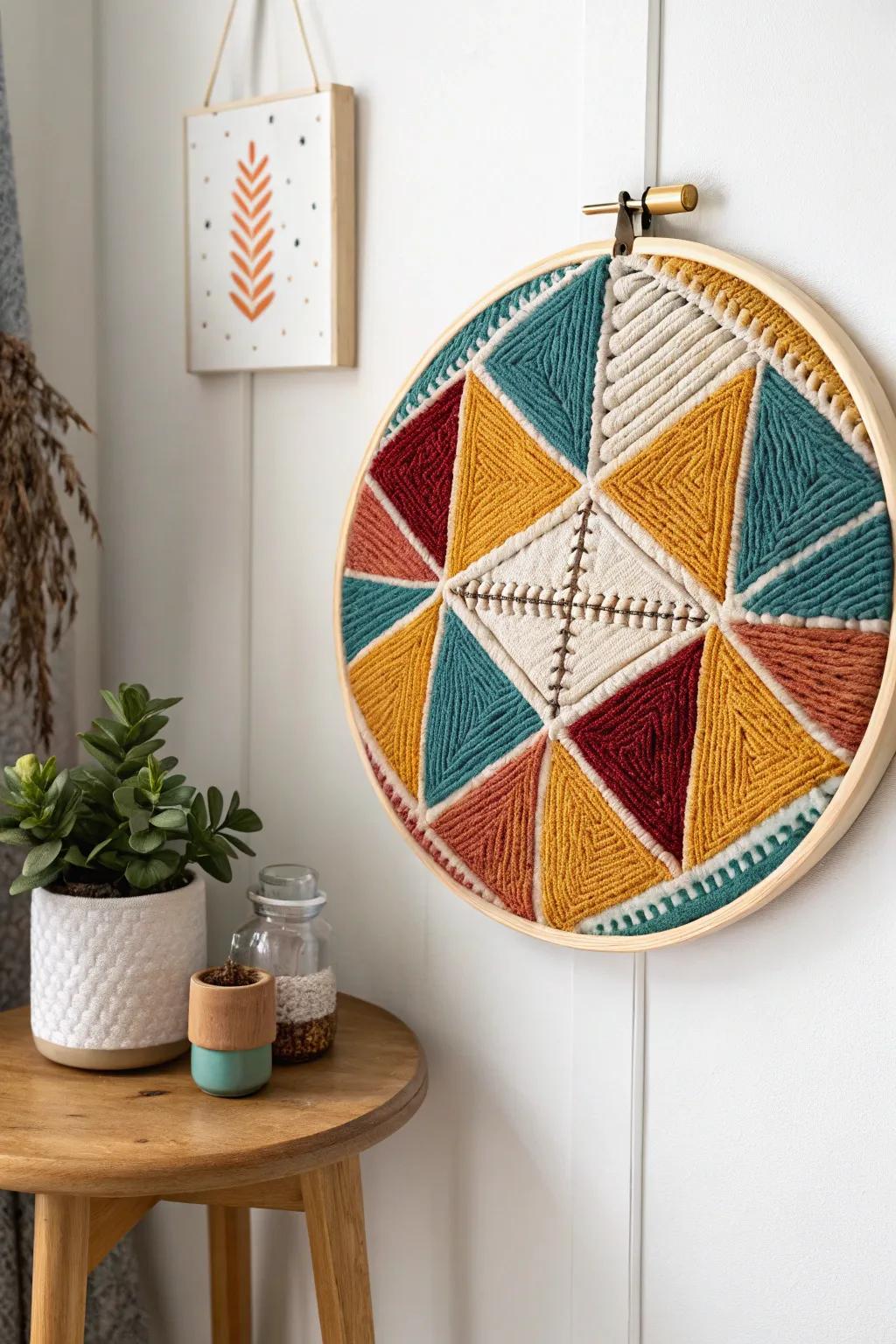 Transform your space with geometric yarn art—where order meets a splash of chaos.