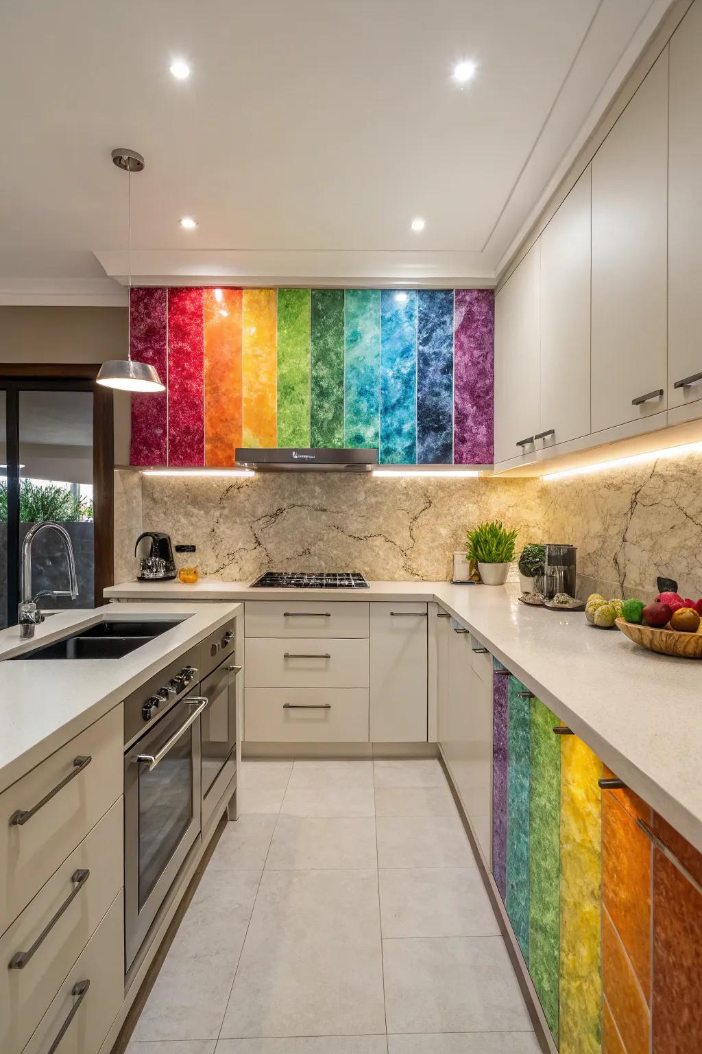 A colorful quartz backsplash adds personality and flair to any kitchen.