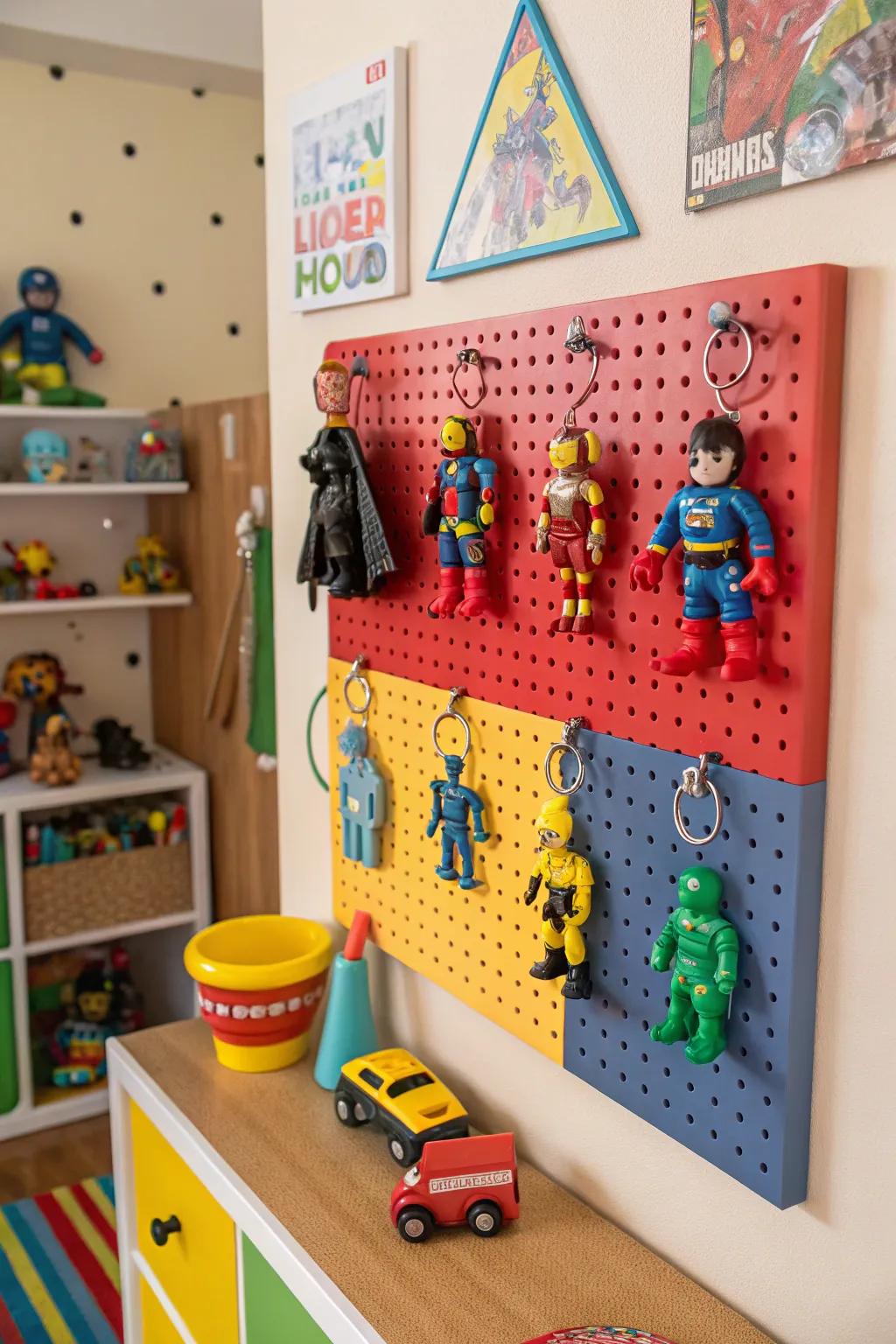 Pegboards offer customizable and playful storage for figures.