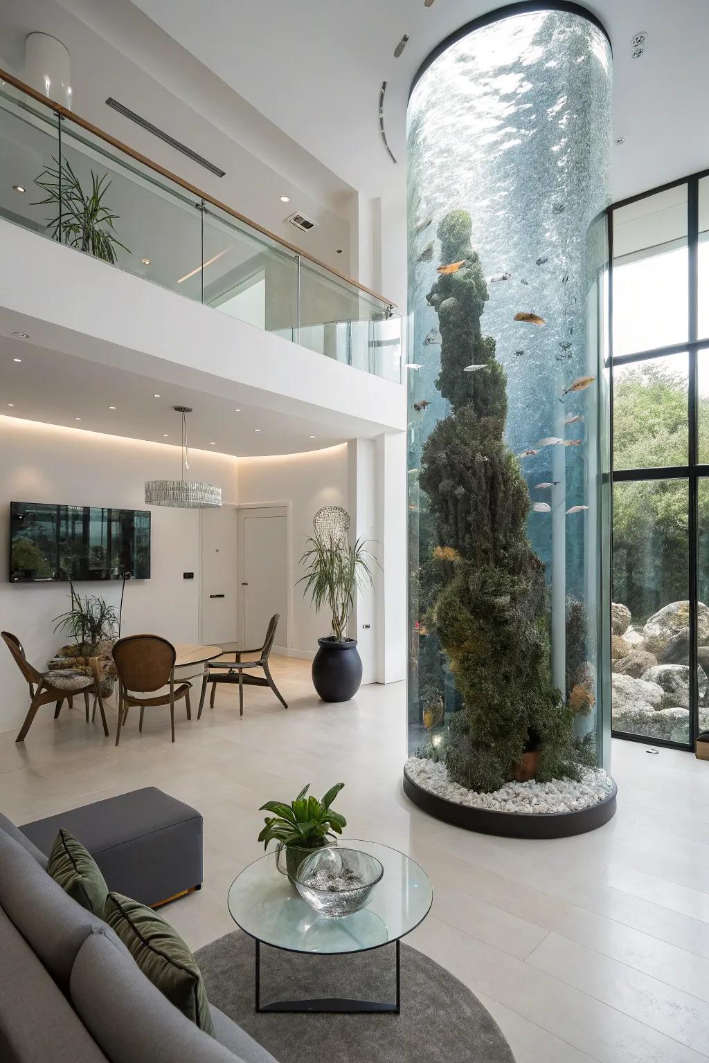 A stand-alone aquarium tower makes a bold statement in any space.