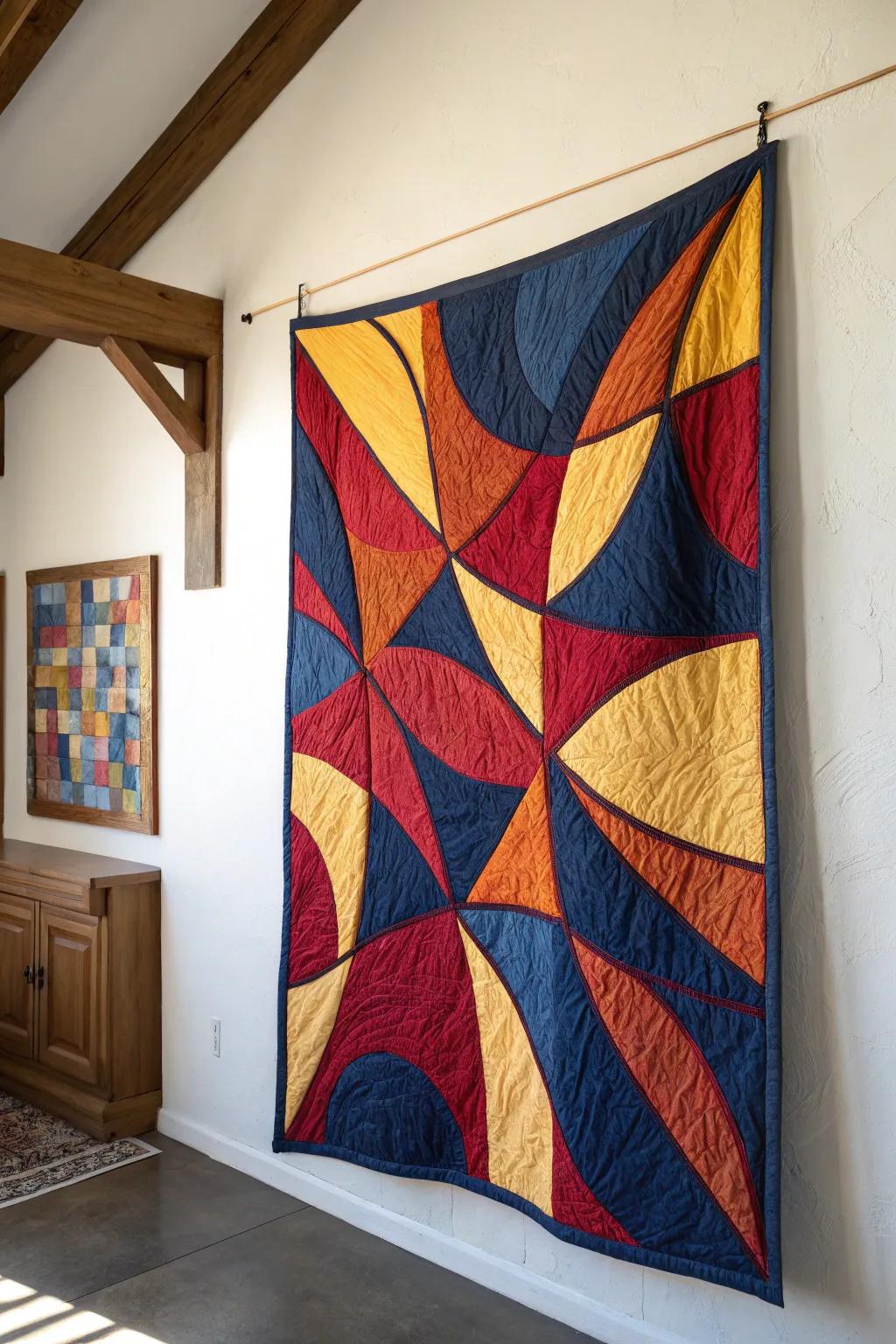 Transform your space with the bold elegance of abstract art quilts—where color and craftsmanship meet.
