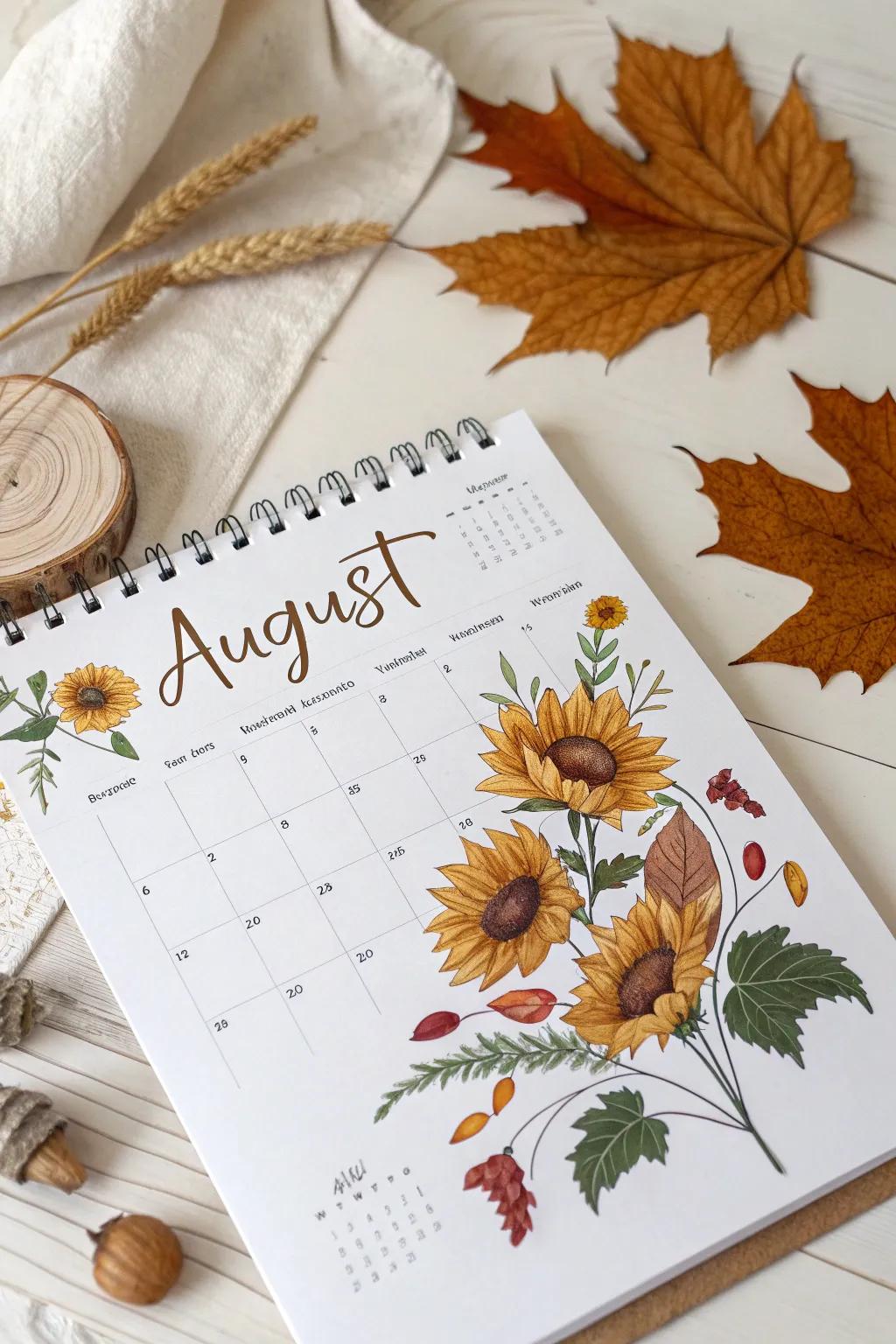 Embrace the elegance of summer's end and fall's beginning with this serene August calendar design.