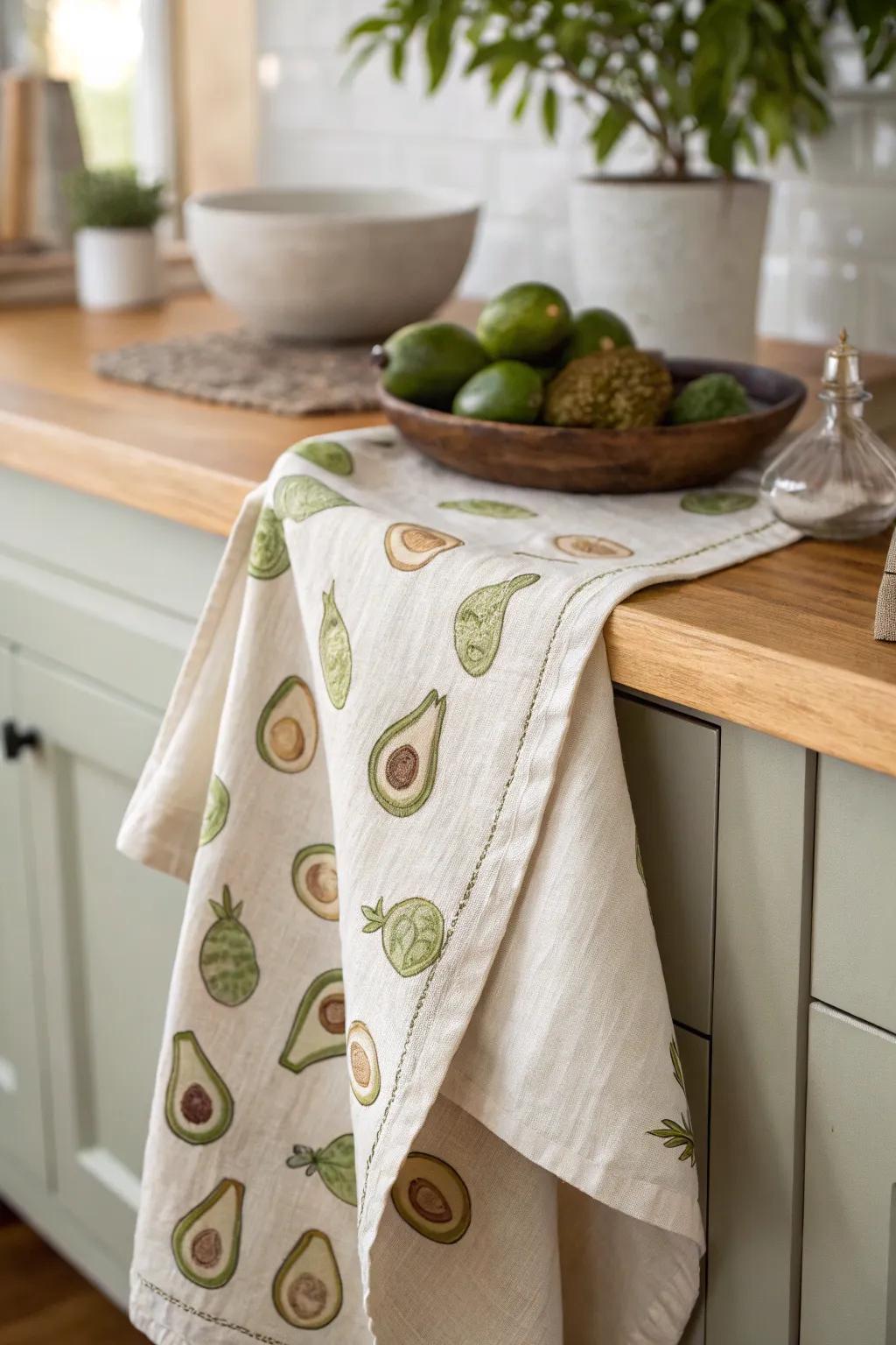 Add a touch of handcrafted charm to your kitchen with avocado-stamped tea towels!