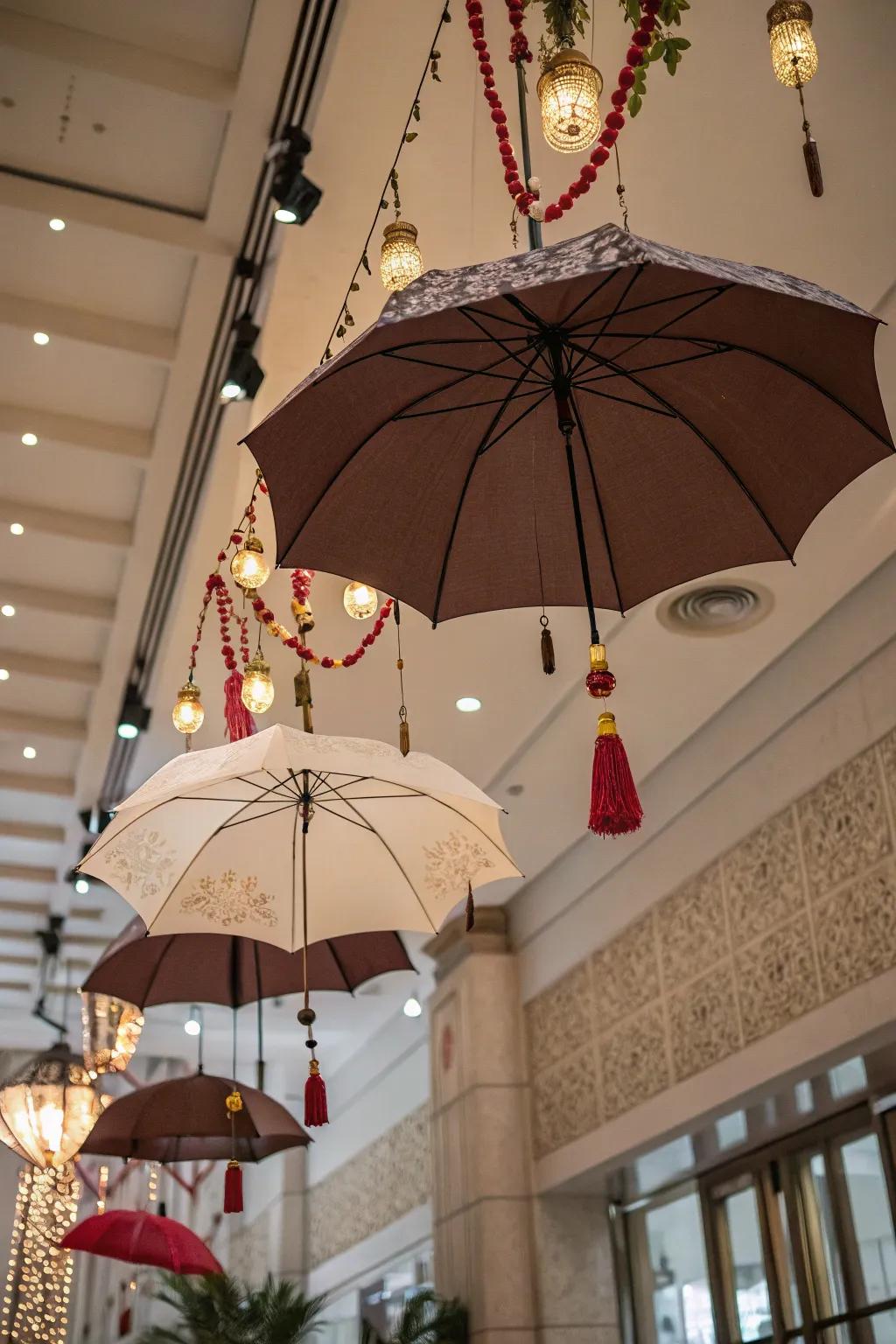 Suspended umbrellas create a magical ceiling display.