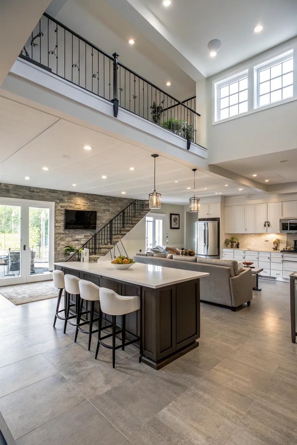 Open layouts create a seamless flow around your basement island.