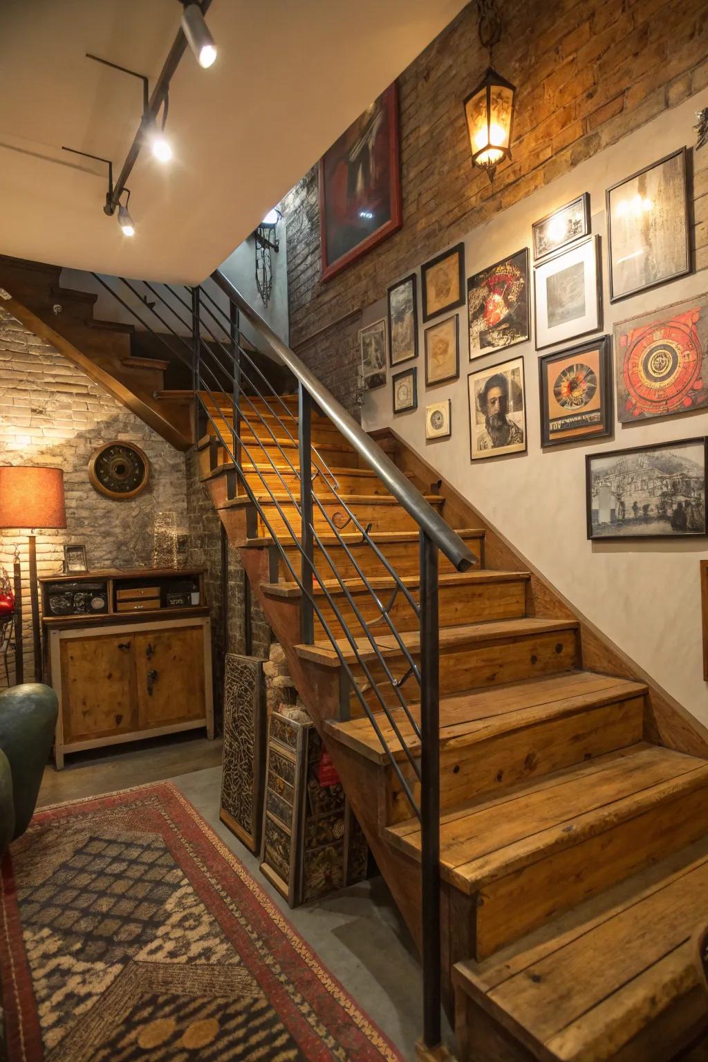 Mixed materials offer a unique and stylish contrast for basement stairs.