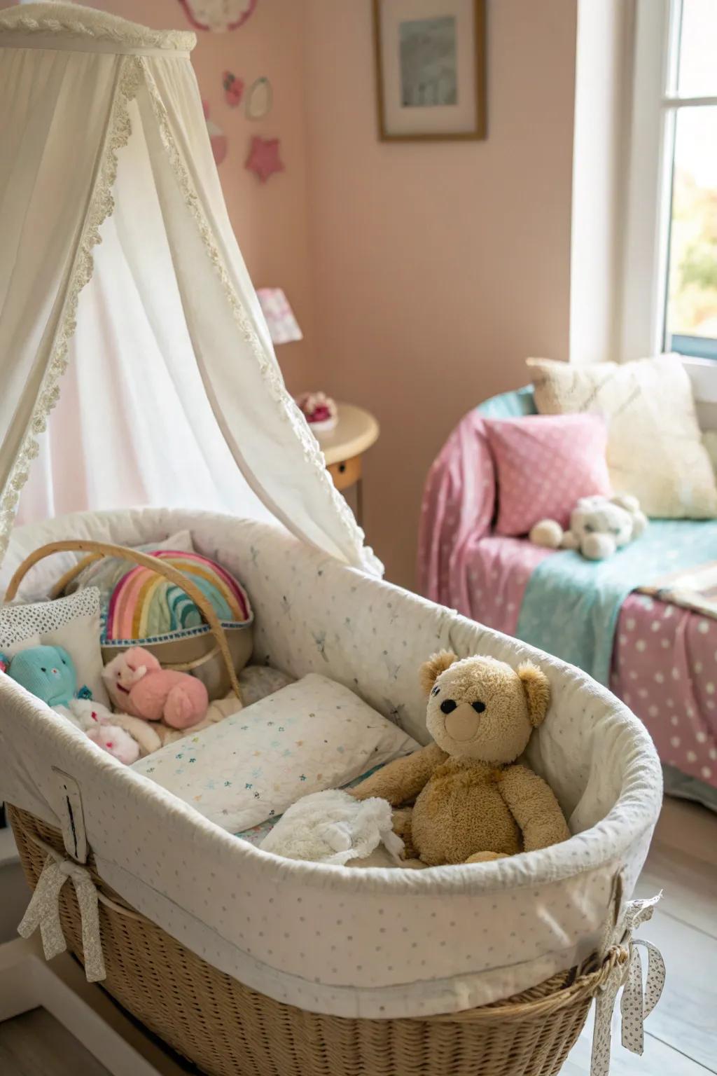Plush toys add a cozy touch to the bassinet.