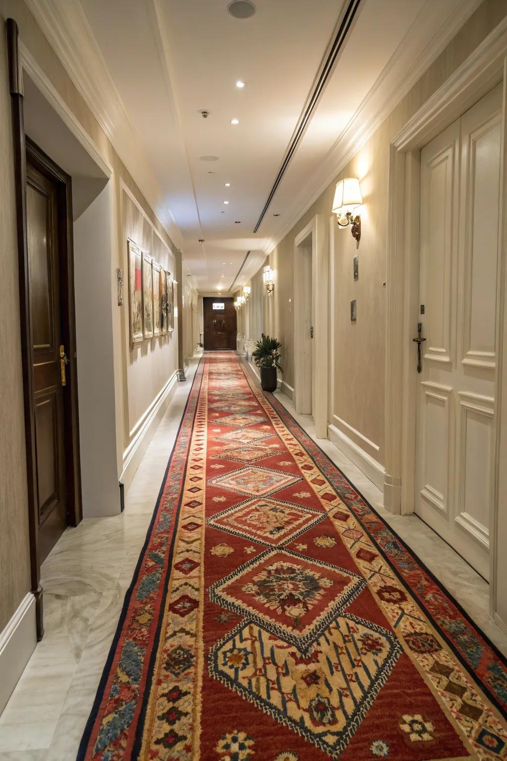 A runner rug adds warmth and definition to the hallway.