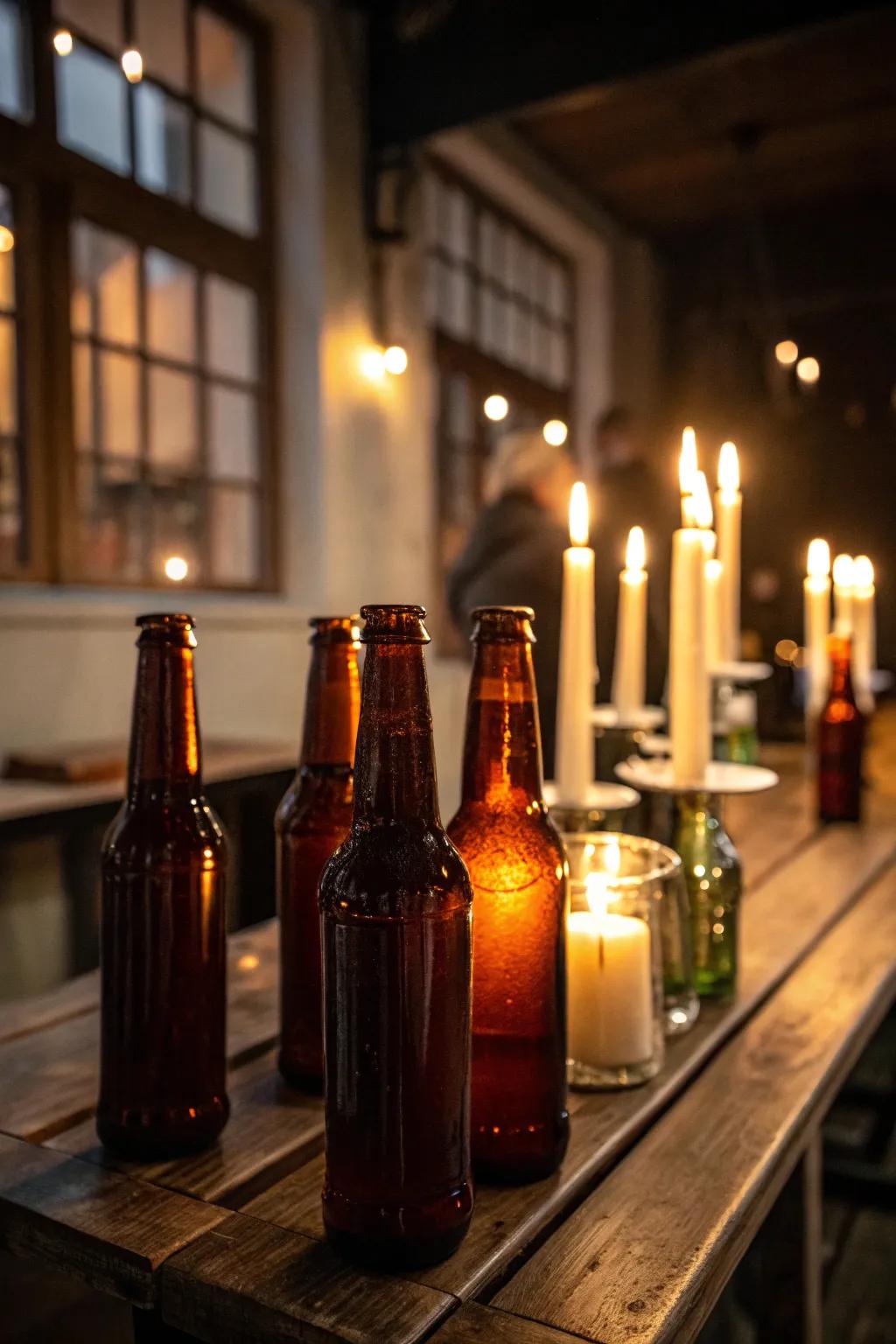 Beer bottle candle holders create a warm ambiance.