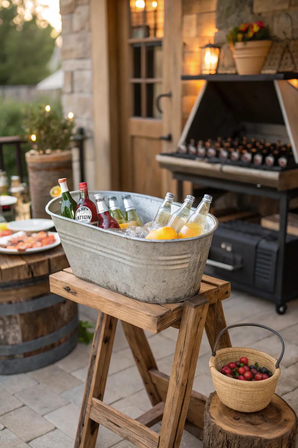 A wooden stand adding height and charm to a beverage tub.