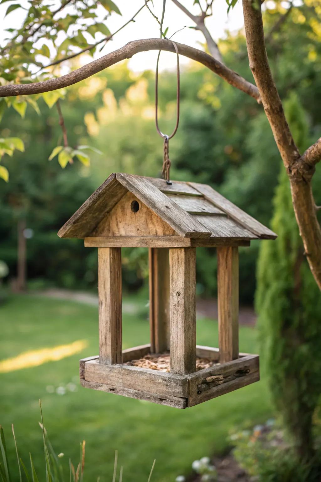 Elevate your garden with a touch of rustic charm with this handcrafted wooden bird feeder.