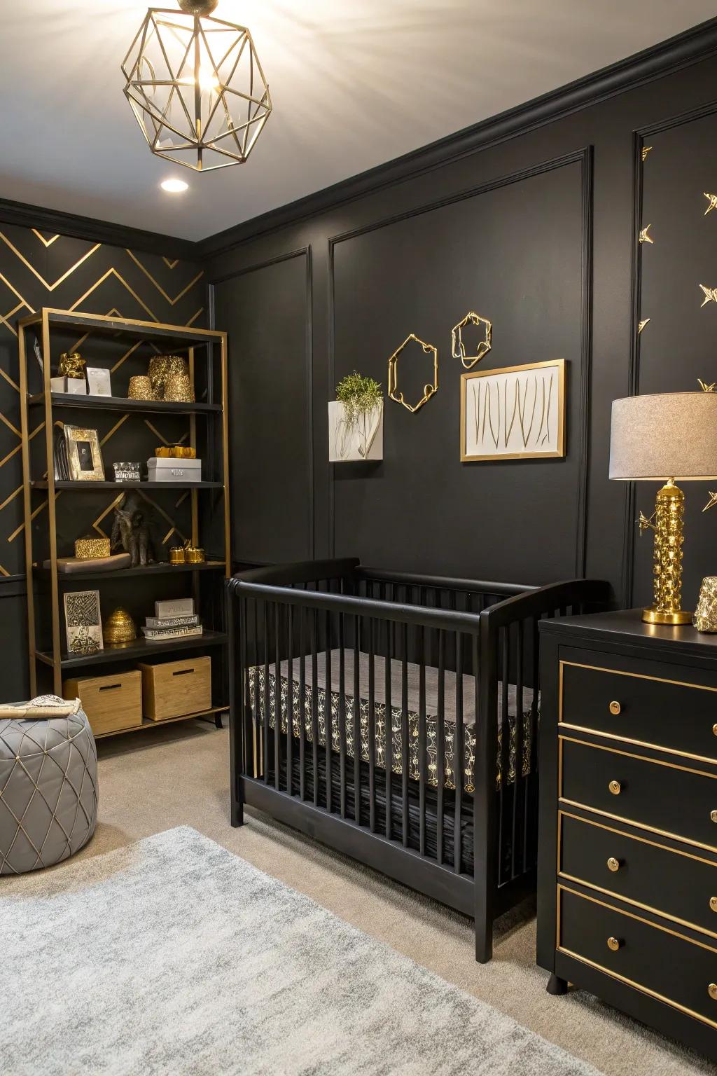 Metallic touches add elegance and sophistication to the black nursery.