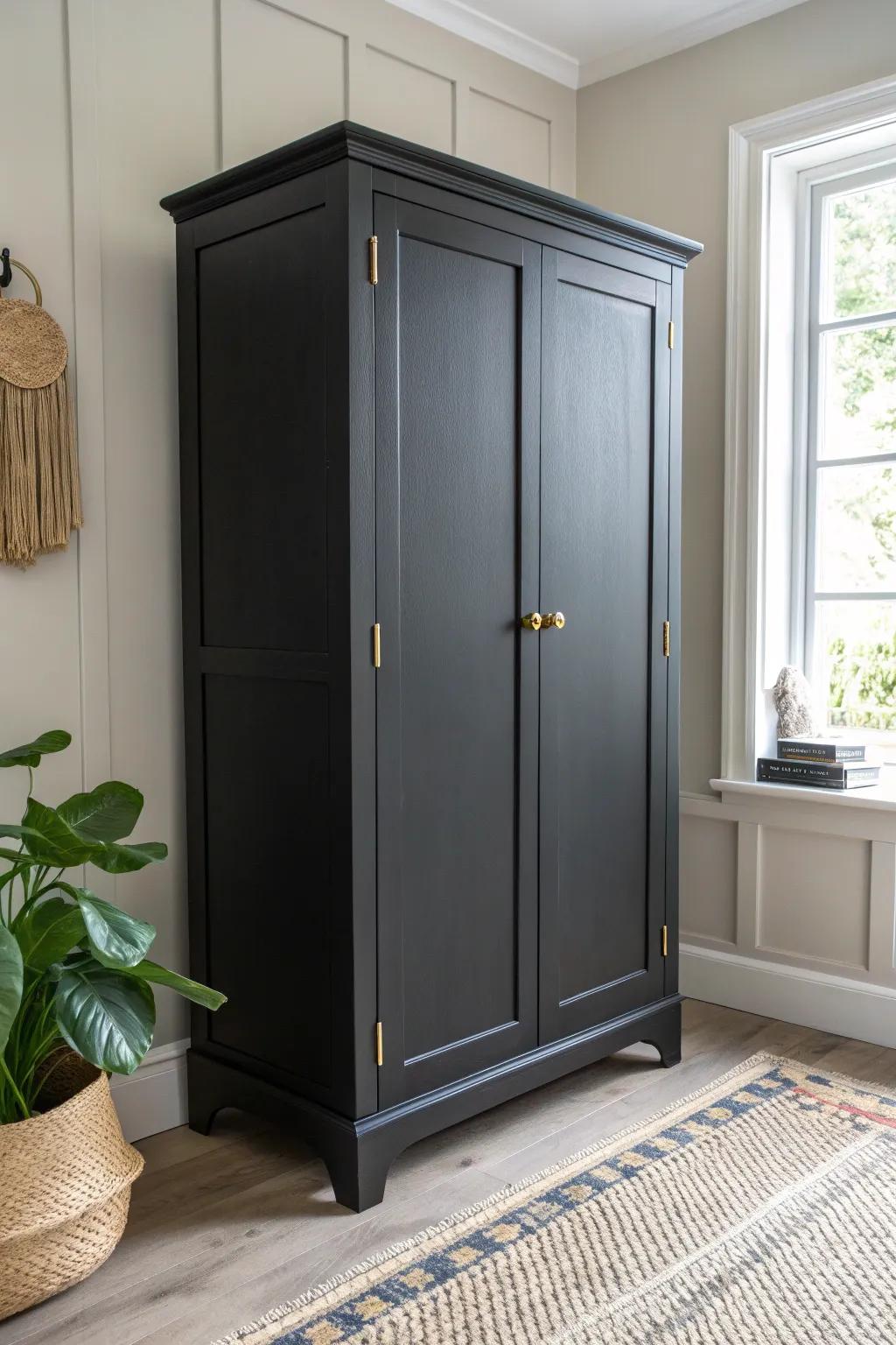 Elevate your space with a stunning black armoire transformation—where simplicity meets sophistication.