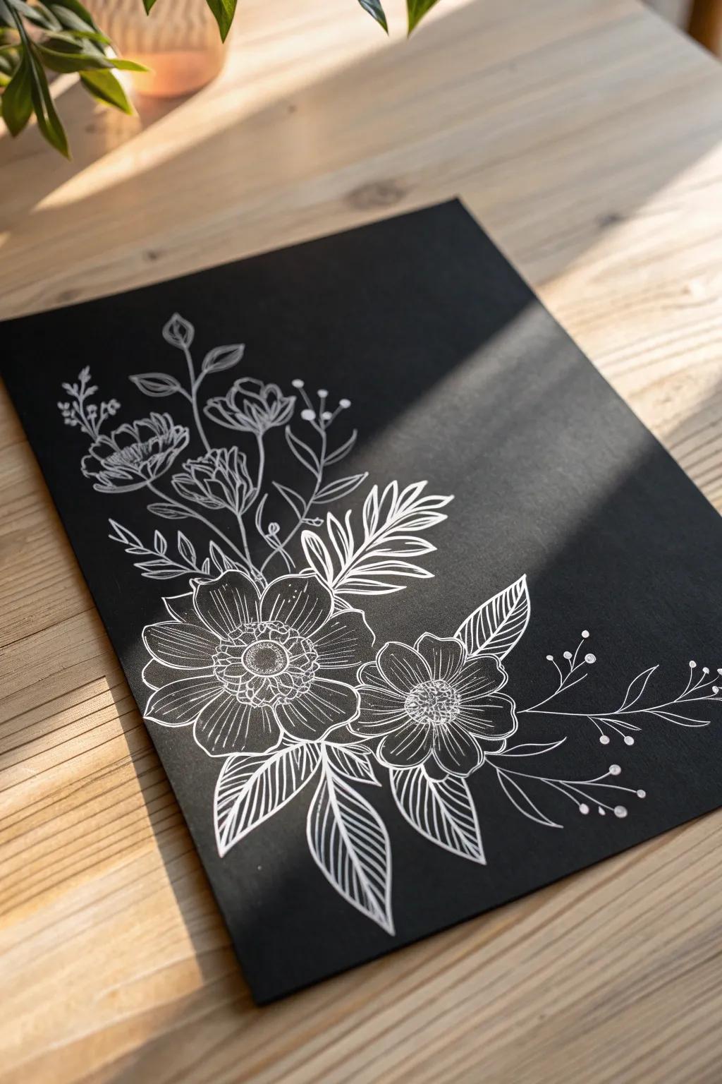 Elevate your space with the subtle beauty of intricate floral art on black paper.