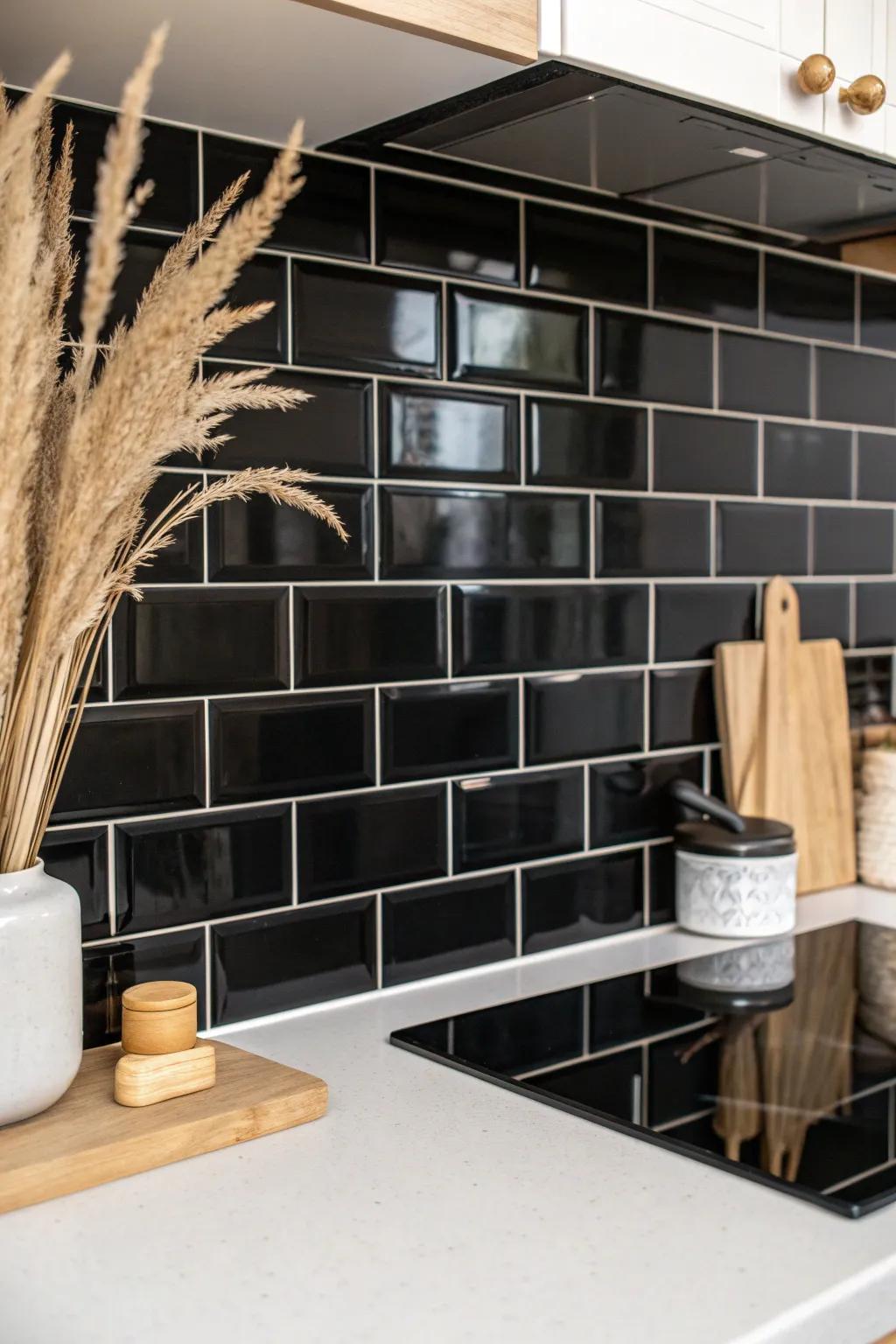 Transform your kitchen with the elegance of a glossy black backsplash - the perfect little black dress for your walls!