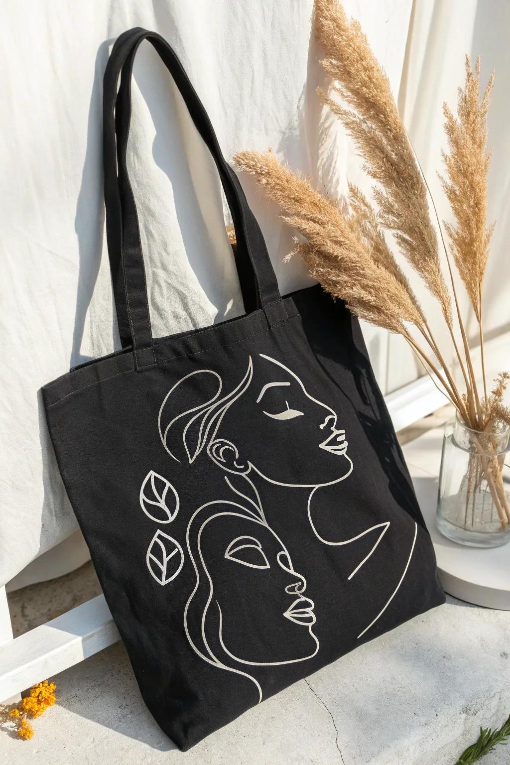 Elevate your style with minimalist elegance: a black tote adorned with striking line art.