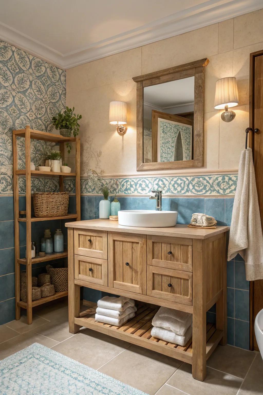 Combine natural wood with blue and beige for a warm, inviting bathroom.