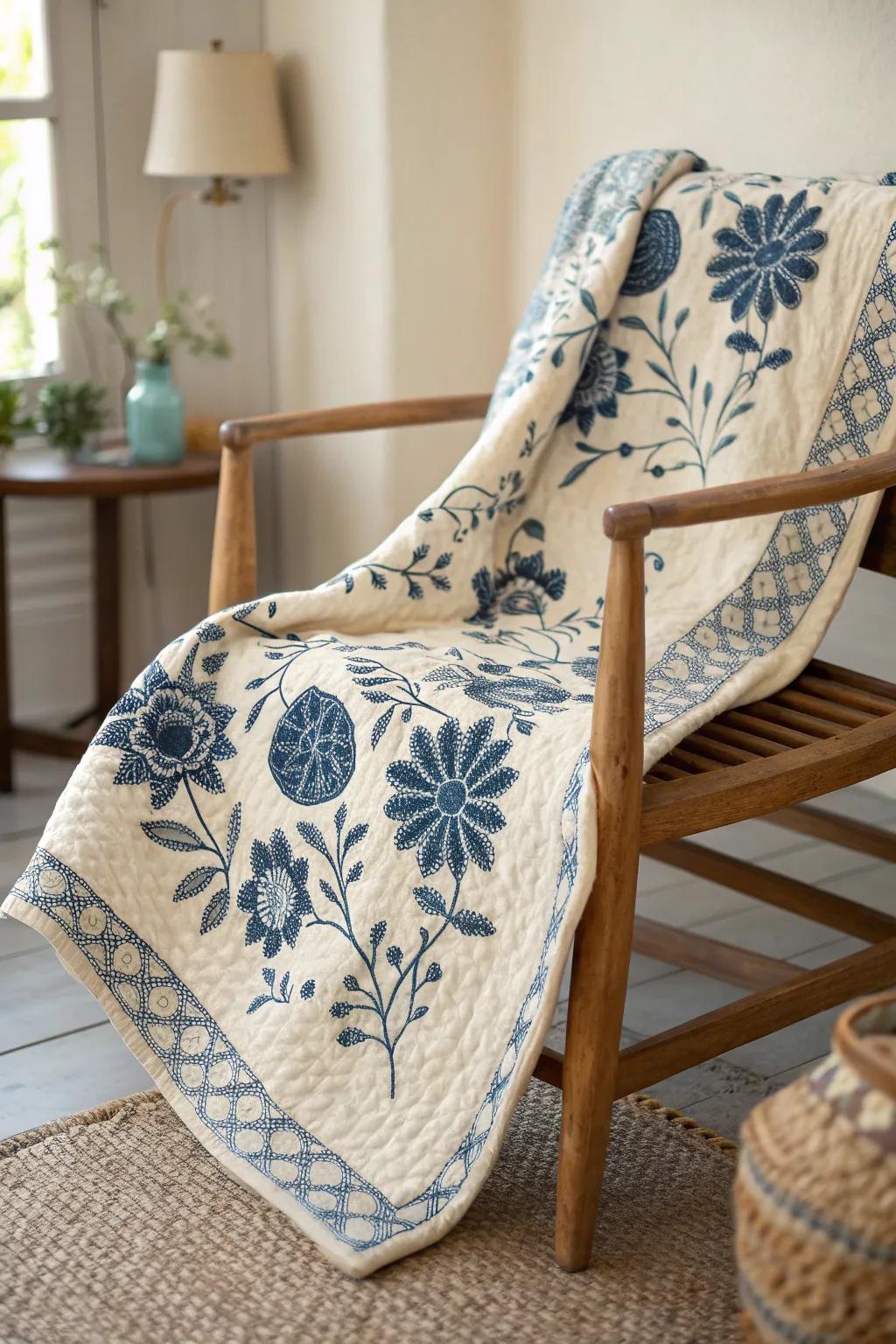 Transform your space into a garden of dreams with this exquisite blue floral quilt.