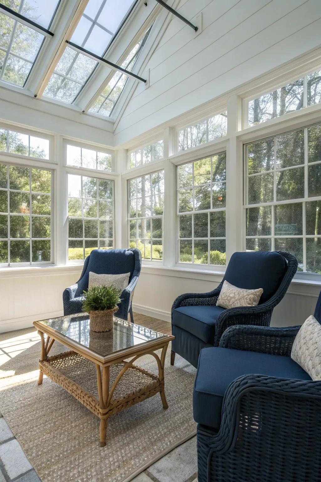 Navy blue upholstery exudes sophistication.