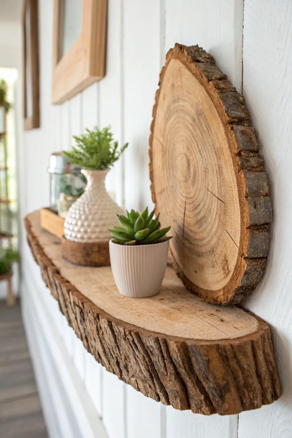 Elevate your space with the natural elegance of rustic wood slice shelves—perfect for showcasing your treasured finds.