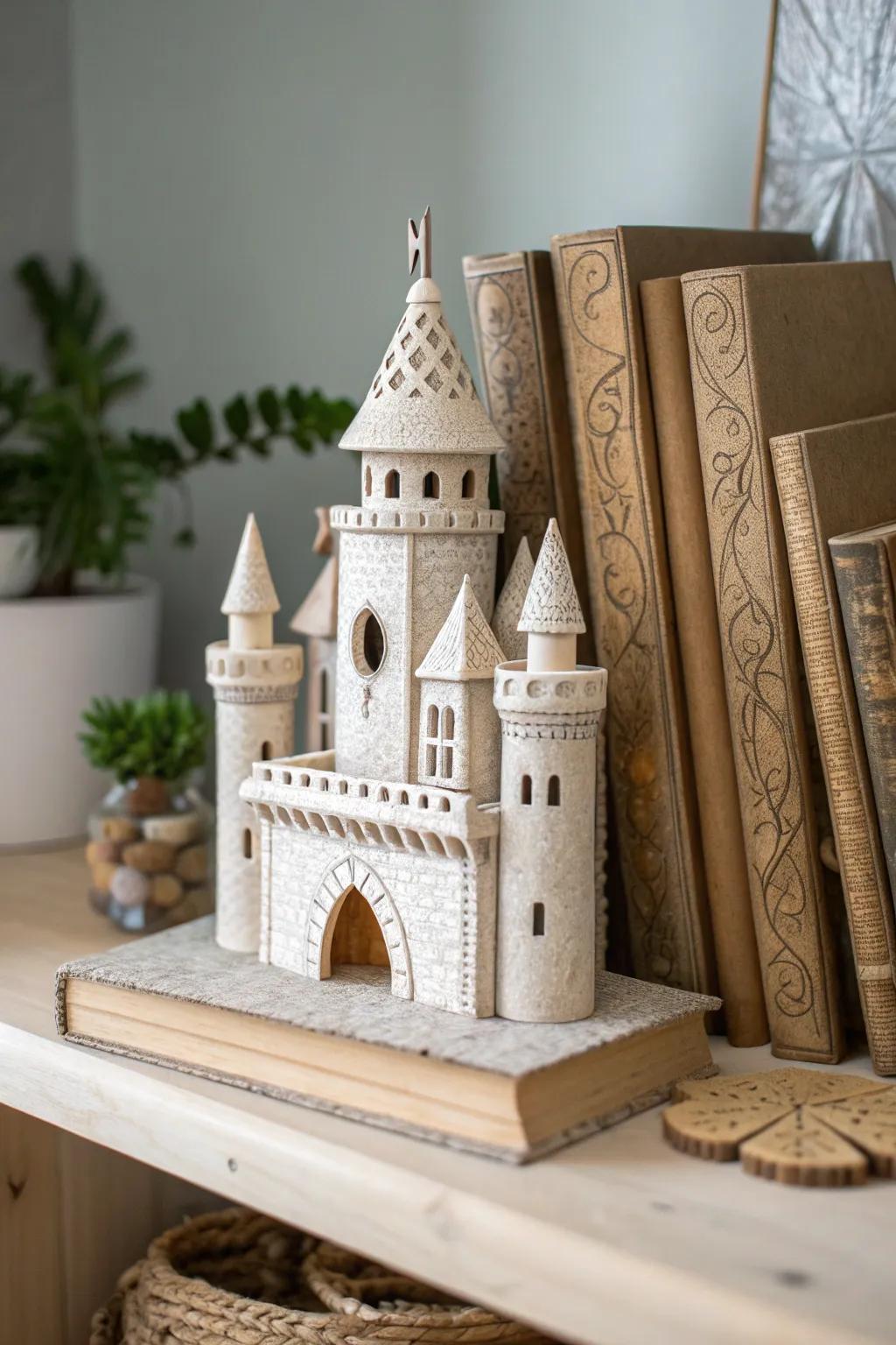 Transform your bookshelf into a magical realm with a handcrafted miniature castle—where creativity reigns supreme.