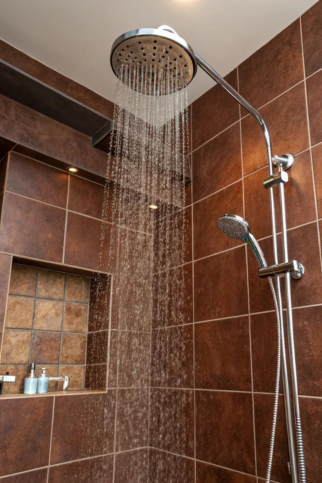 Rainfall showerheads enhance the luxurious feel of brown tile showers.