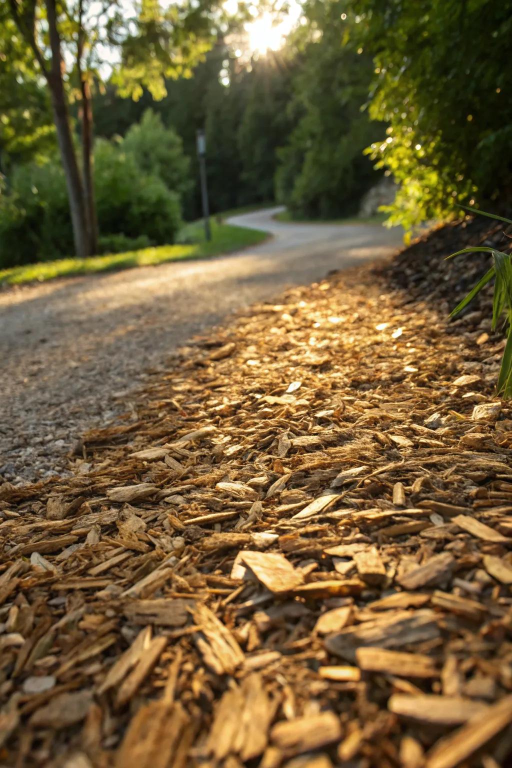 Transform your driveway with the rustic charm of wood chips for an effortlessly natural look.