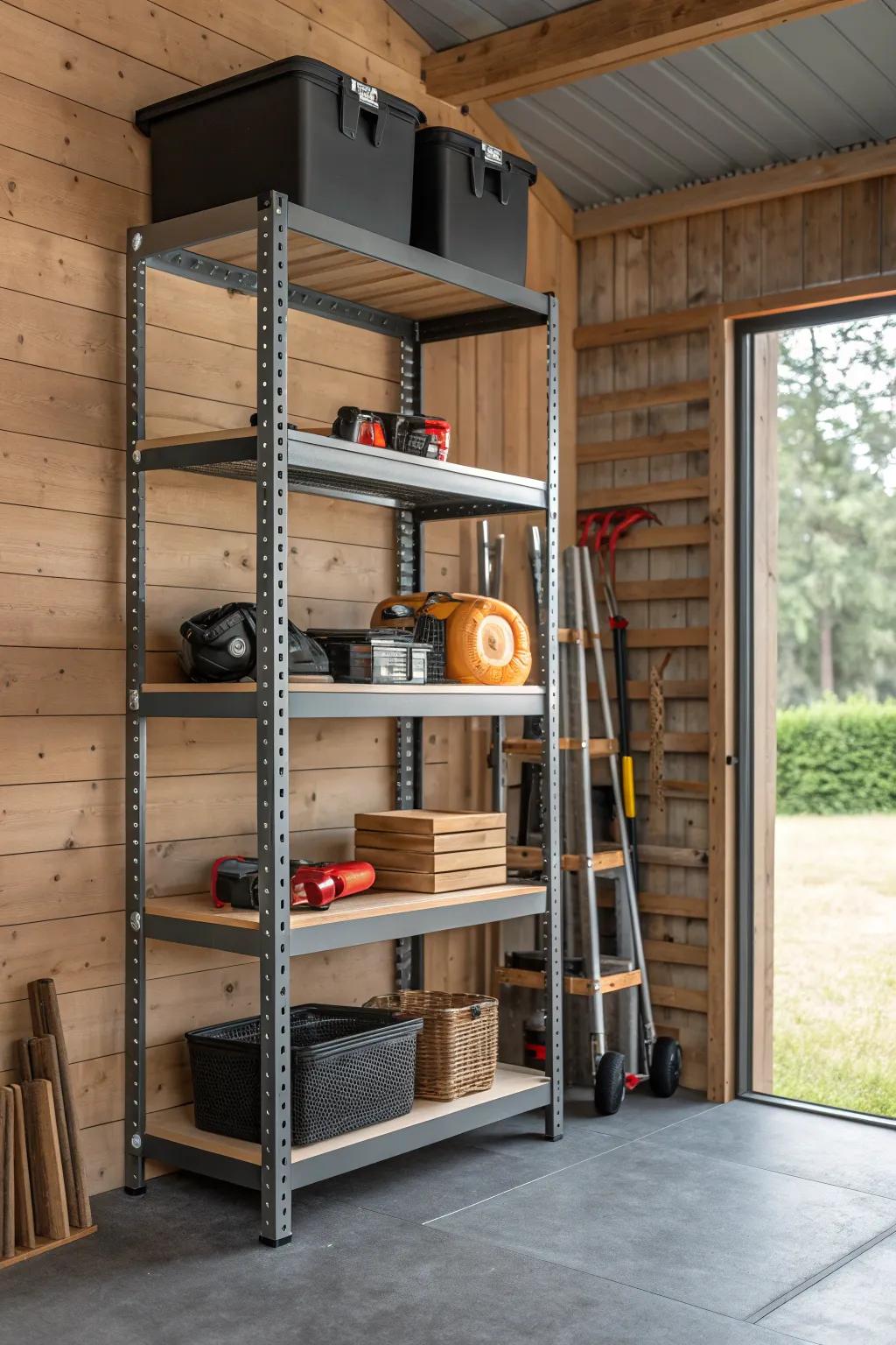 Maximize your shed's potential with versatile adjustable shelving units.