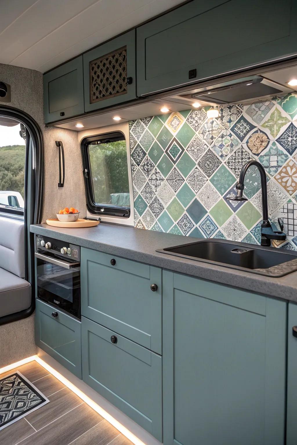 Transform your campervan with chic peel-and-stick tiles for a touch of modern flair.