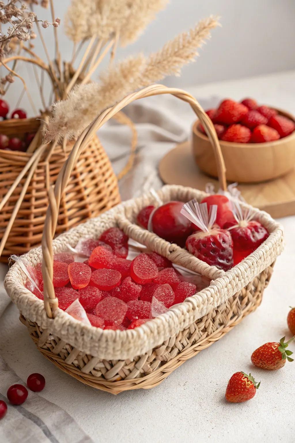 Elevate your candy display with a striking red-themed basket, perfect for adding a pop of color to any occasion.