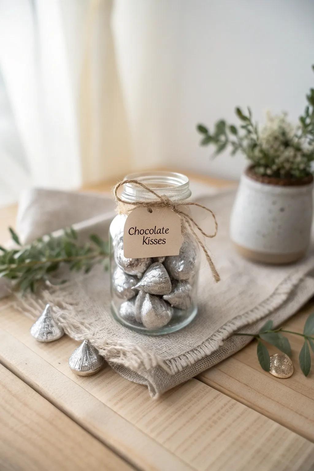 Sweet simplicity: Chocolate kisses in a jar - the perfect blend of elegance and gratitude.