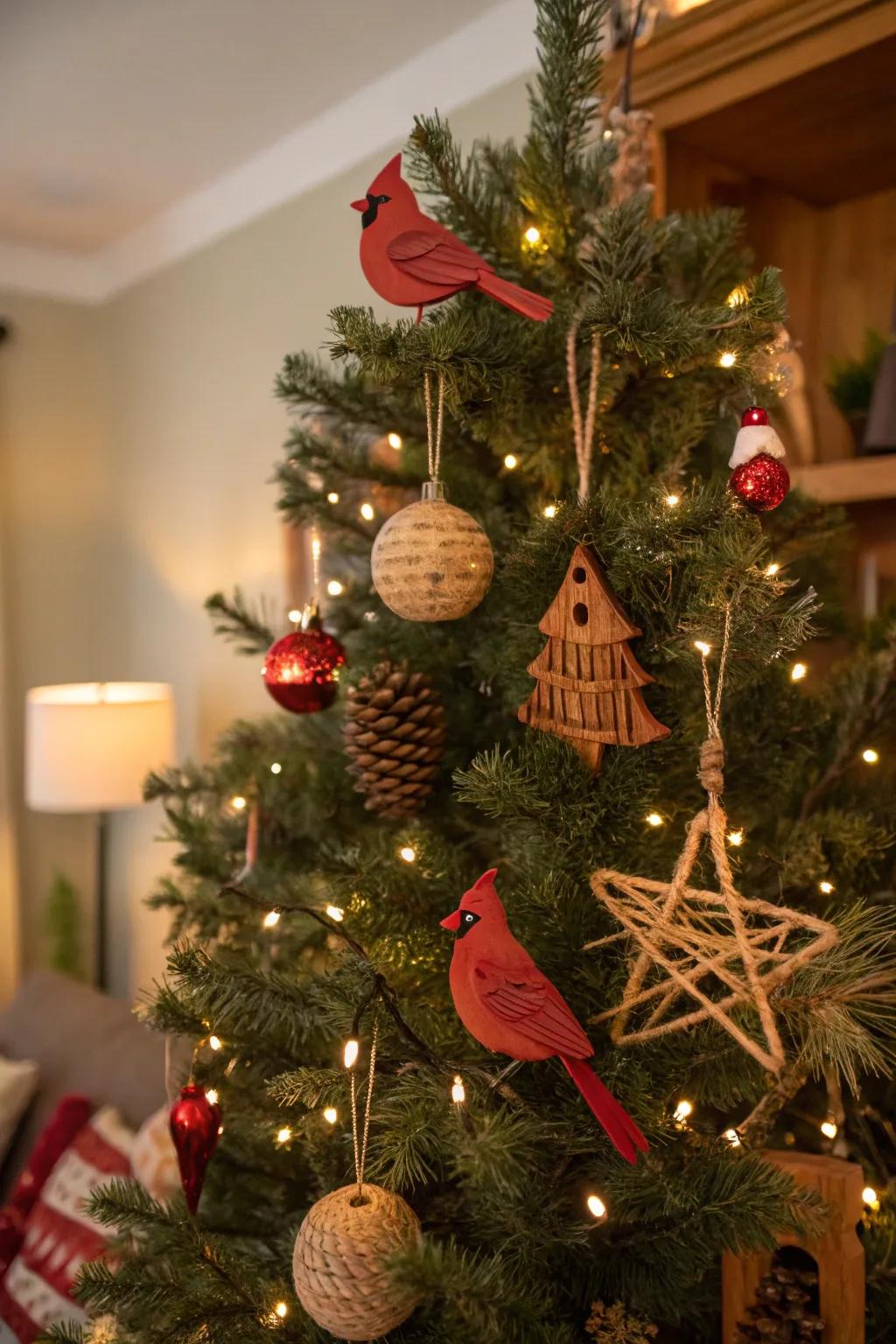 Wooden accents bring rustic charm to the tree.