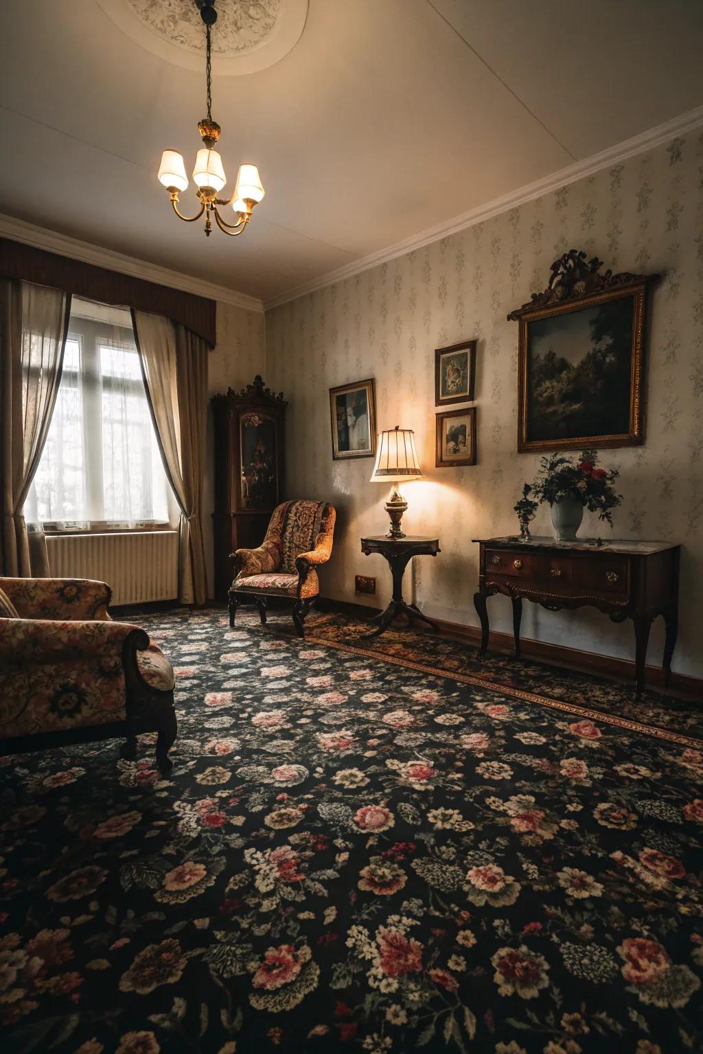 A sitting room featuring a dramatic dark floral carpet.