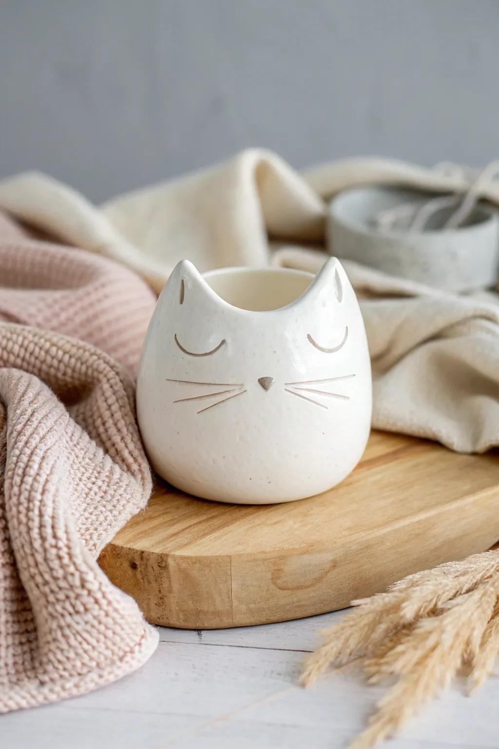 Explore the beauty of abstract feline art with this minimalist cat pinch pot.