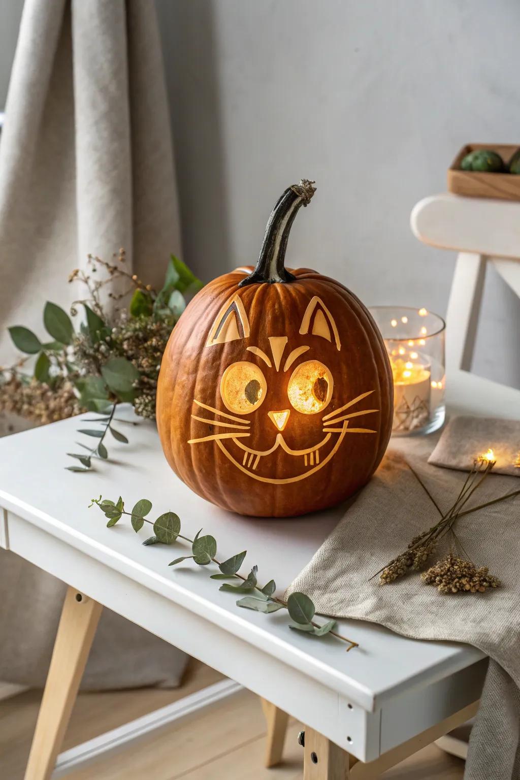 Bring whimsy to your fall decor with a charming cartoon cat pumpkin carving!