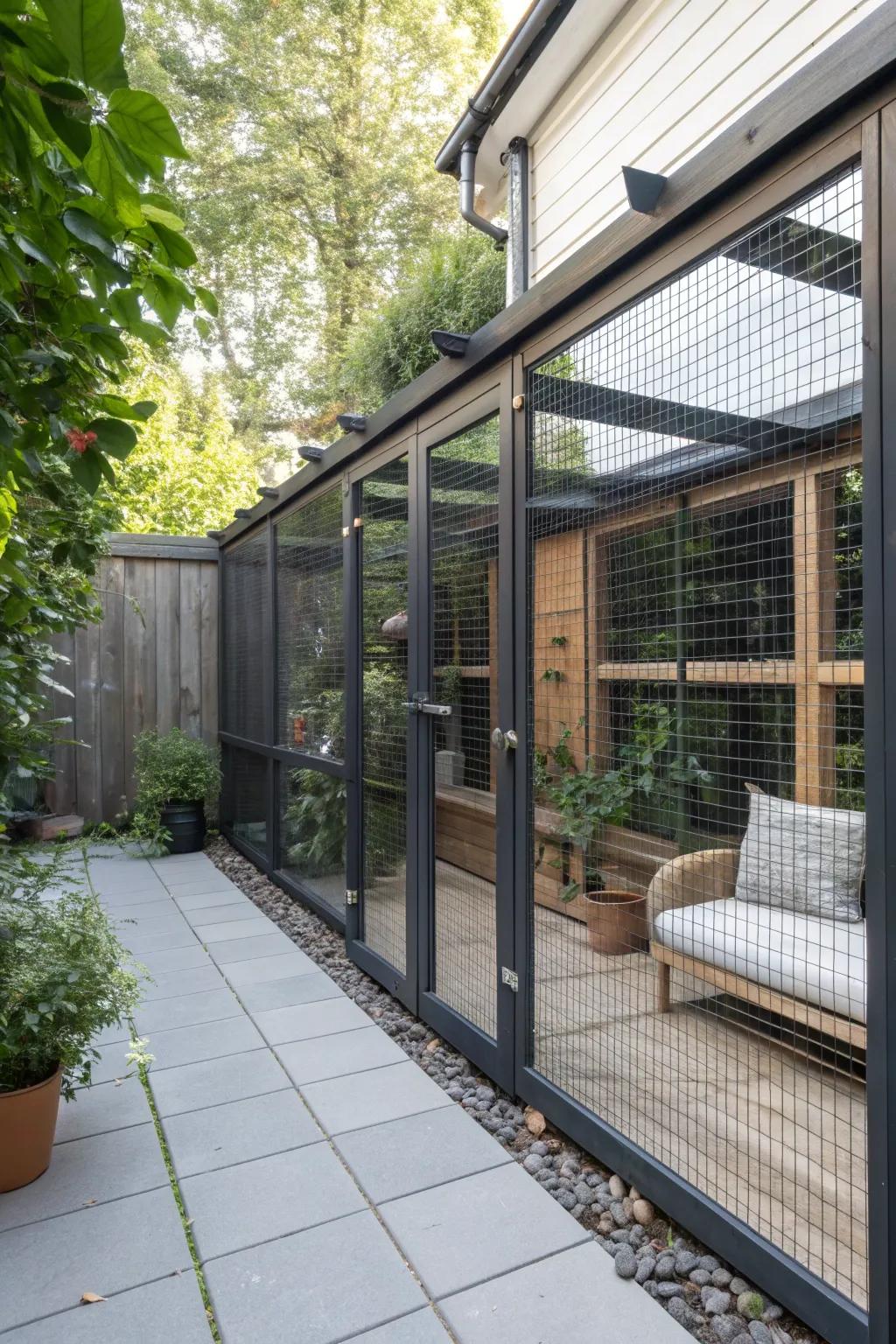 A perfect blend of minimalist design and natural beauty—this catio is a haven for feline sunbathers and bird watchers alike.