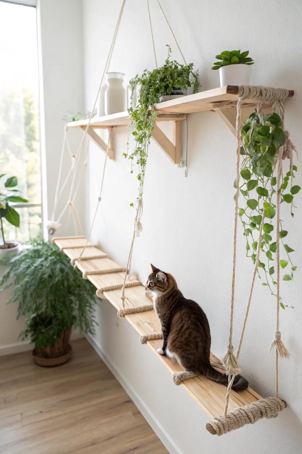Whimsical elegance meets feline fun with this handcrafted bridge shelf—perfect for your minimalist haven.